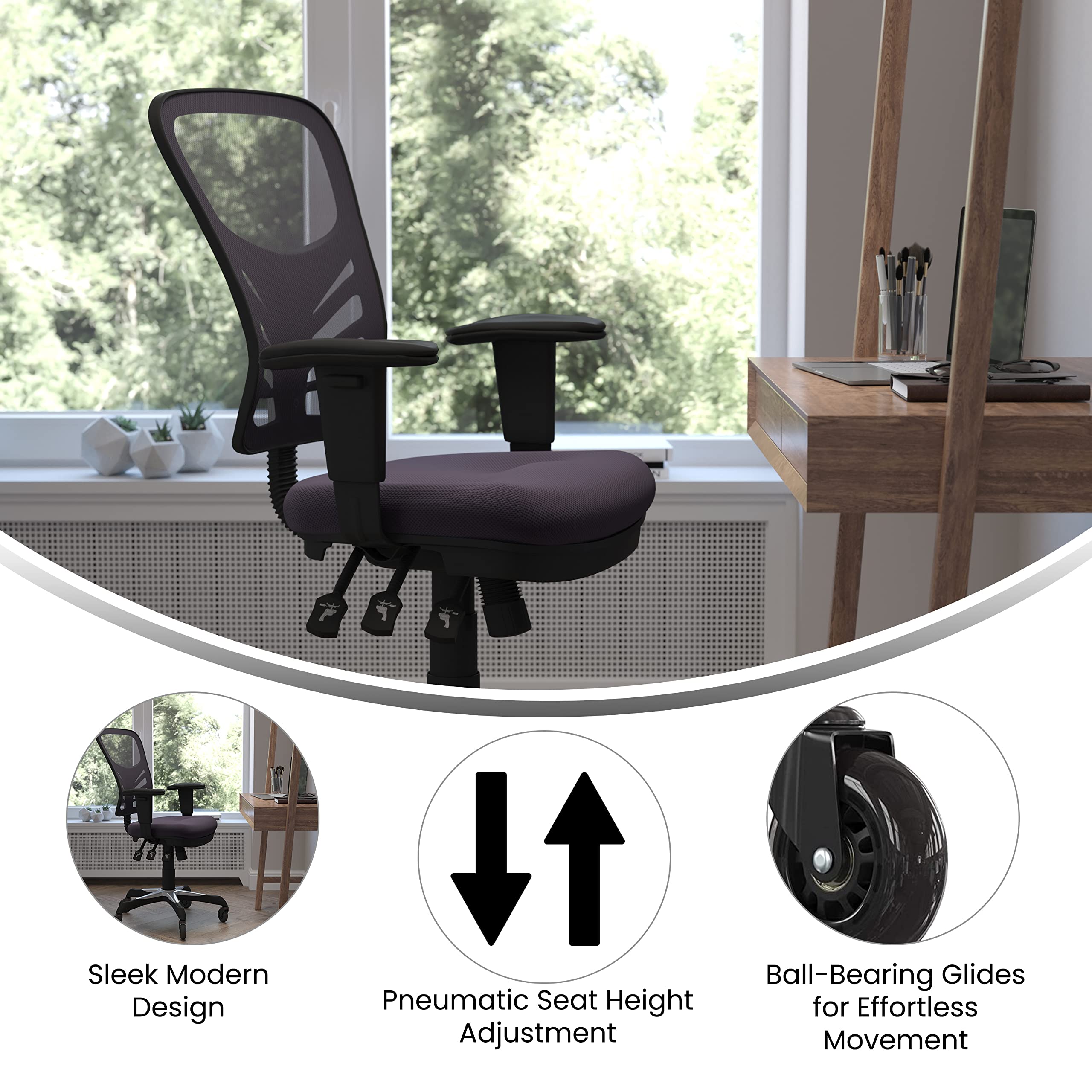 Flash Furniture Nicholas Mid-Back Dark Gray Mesh Multifunction Executive Swivel Ergonomic Office Chair With Adjustable Arms And Transparent Roller Wheels