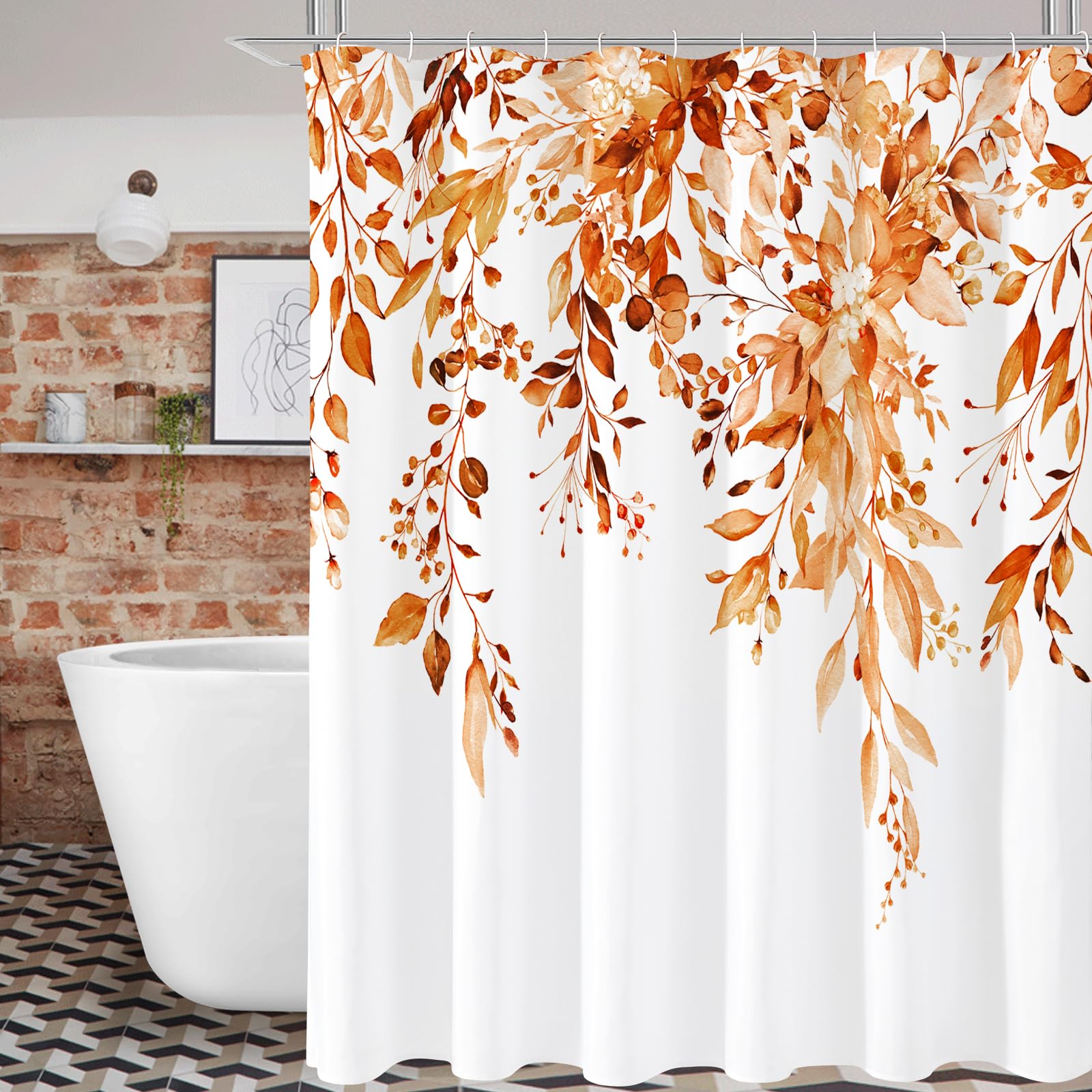 Gibelle Orange Eucalyptus Shower Curtain, Fall Watercolor Plant Leaves with Floral Bathroom Shower Curtain Set, 72x72