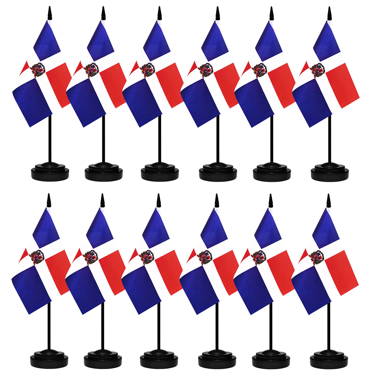 12 Pack Dominica Desk Flags Set, Dominican Small Mini Table Office Flags With 12' Solid Black Pole, 8.2 X 5.5 Inches, Home And