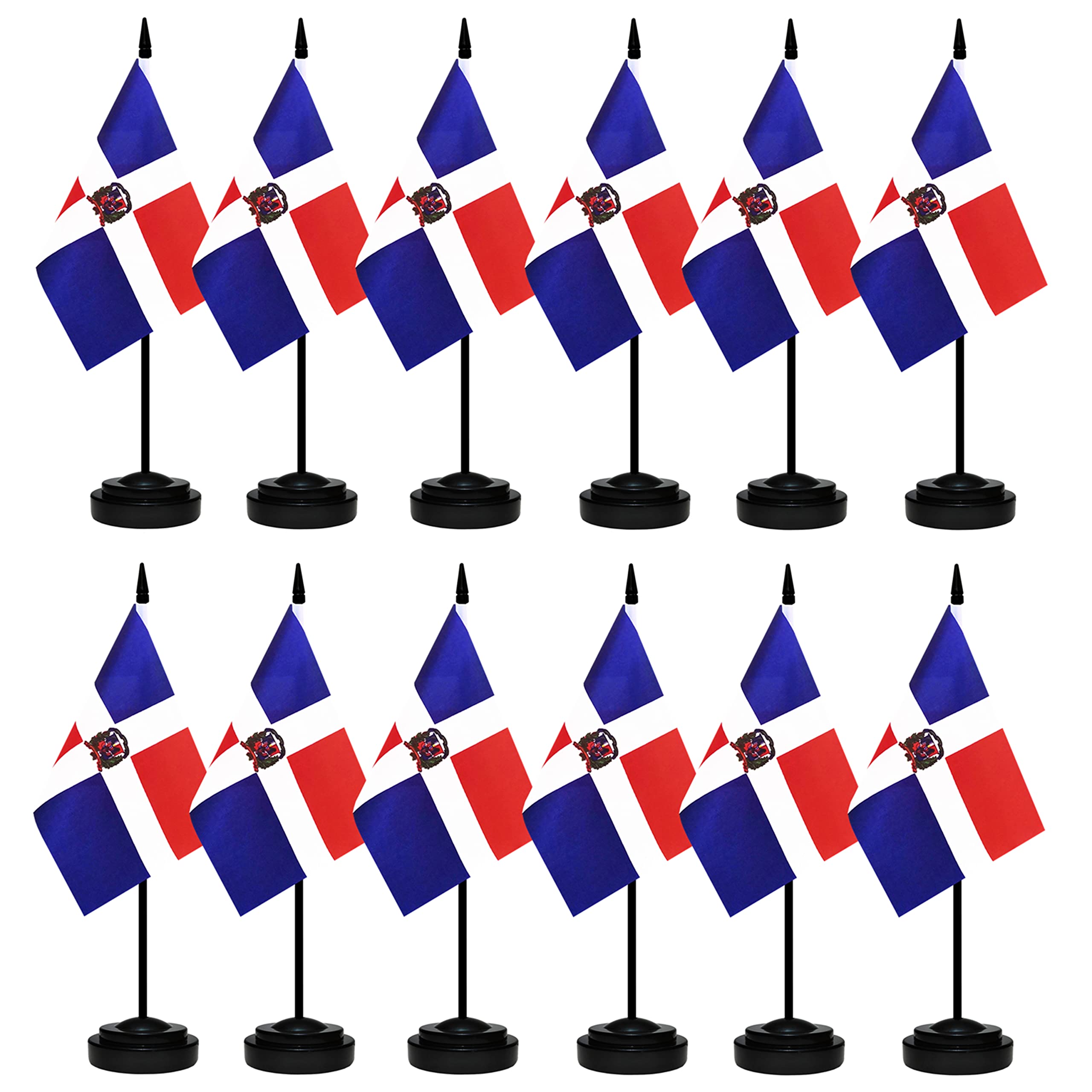 12 Pack Dominica Desk Flags Set, Dominican Small Mini Table Office Flags With 12' Solid Black Pole, 8.2 X 5.5 Inches, Home And