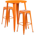 Flash Furniture Commercial Grade 30" Round Orange Metal Indoor-Outdoor Bar Table Set with 2 Square Seat Backless Stools