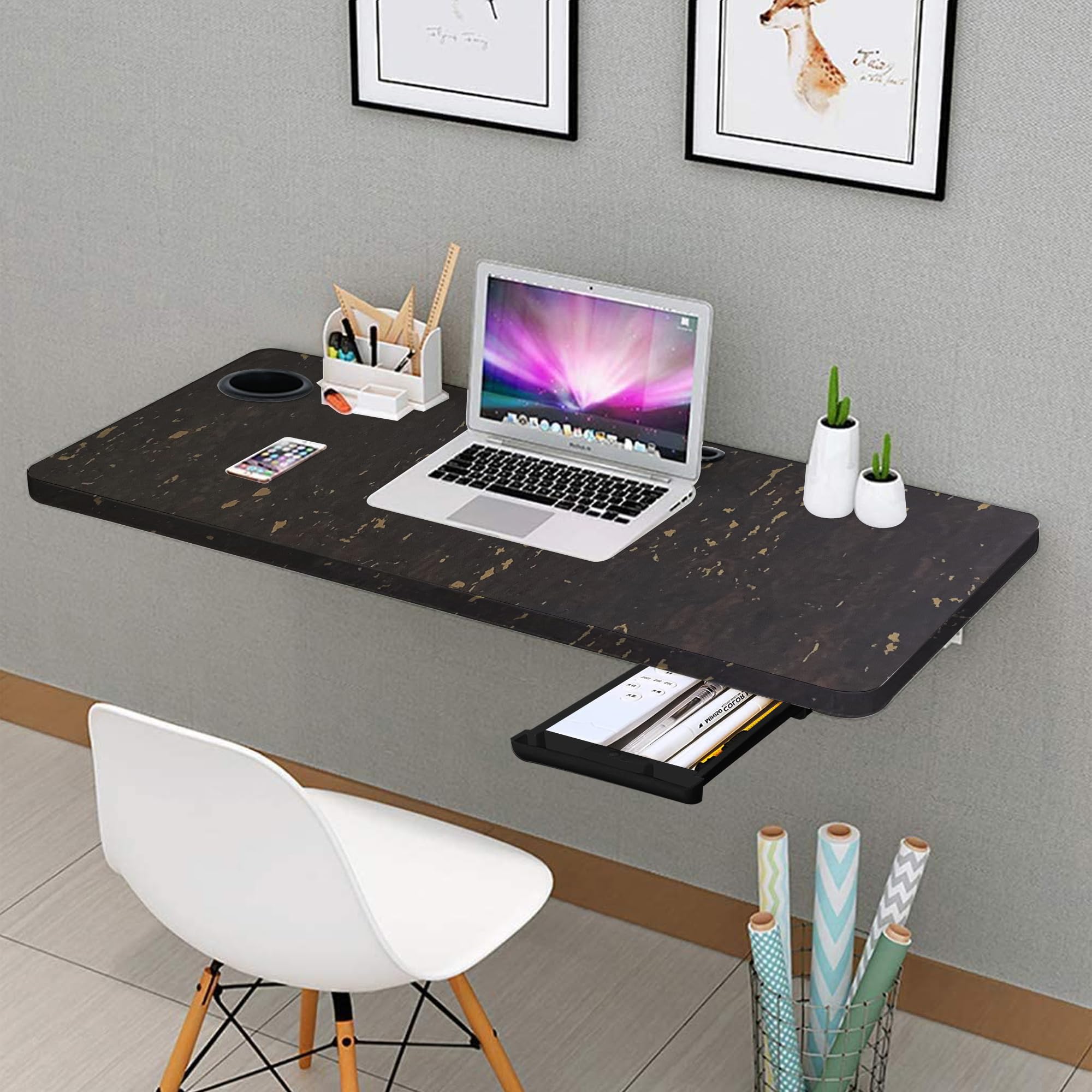 QARA (31x18.5 inches Wood Wall Mounted Round Corner Folding Study Table with Cup Holder | Wall Mount Table with Drawer | Foldabl