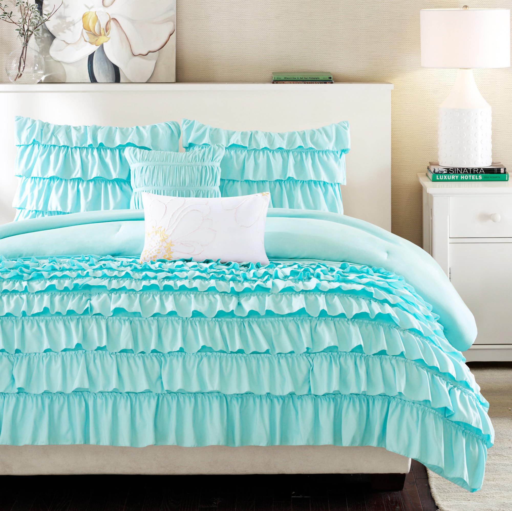 Intelligent Design Comforter Set Twin, Waterfall Multi Layers Ruffle Comforter Set, Shabby Chic Preppy Bedding Set, Soft Twin Co
