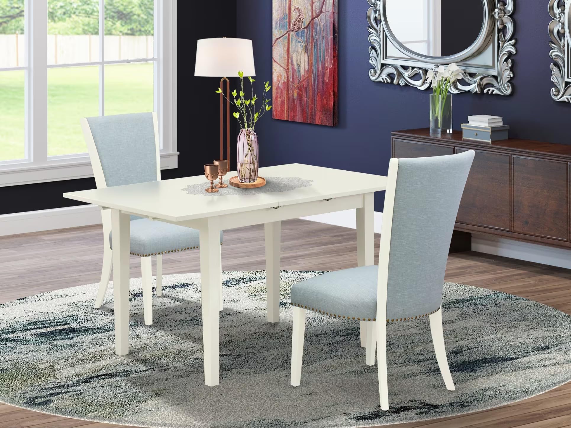 East West Furniture Nfve3-Lwh-15 3 Piece Dining Set Contains A Rectangle Dining Room Table With Butterfly Leaf And 2 Baby Blue Linen Fabric Upholstered Chairs, 32X54 Inch, Linen White