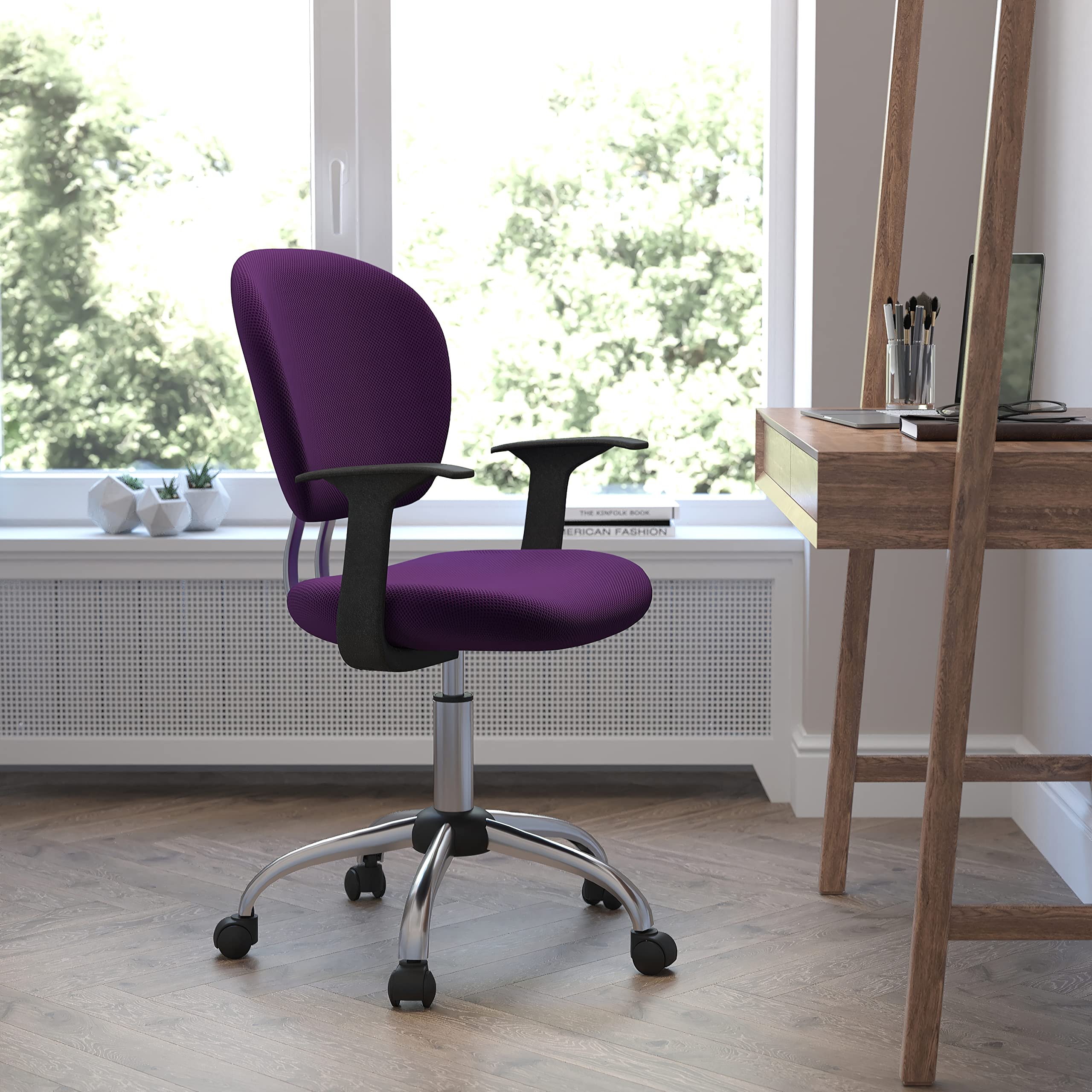 Flash Furniture Beverly Mid-Back Purple Mesh Padded Swivel Task Office Chair with Chrome Base and Arms