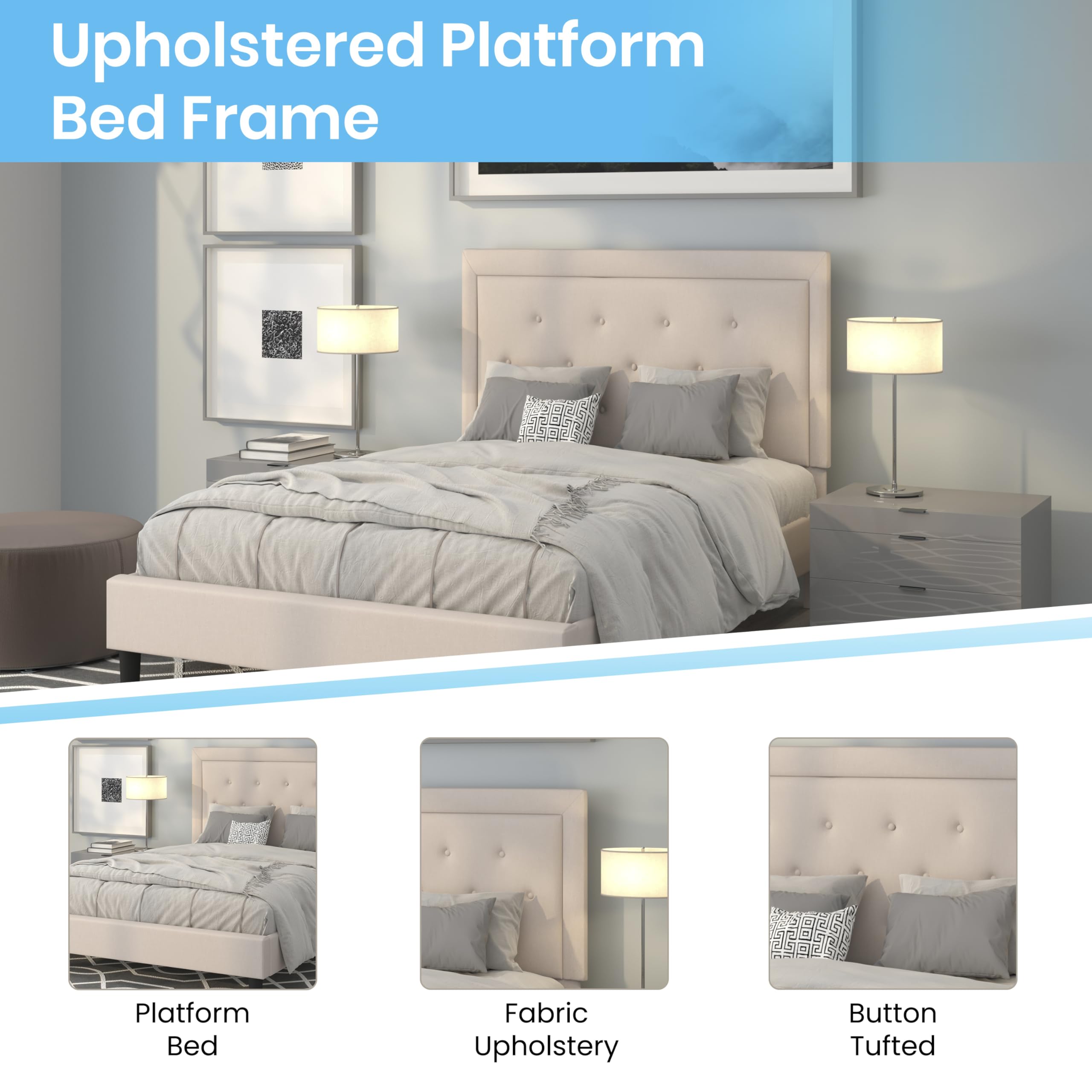 Flash Furniture Roxbury Full Size Tufted Upholstered Platform Bed In Beige Fabric With 10 Inch Certipur-Us Certified Pocket Spring Mattress