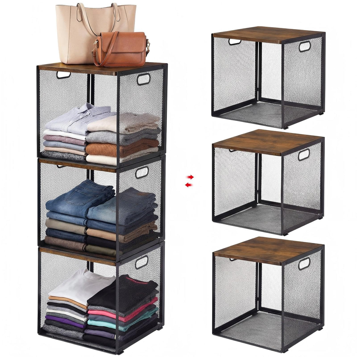 3 Pcs Widened Stackable Closet Organizers and Storage Bin, 12x12x12 Dark