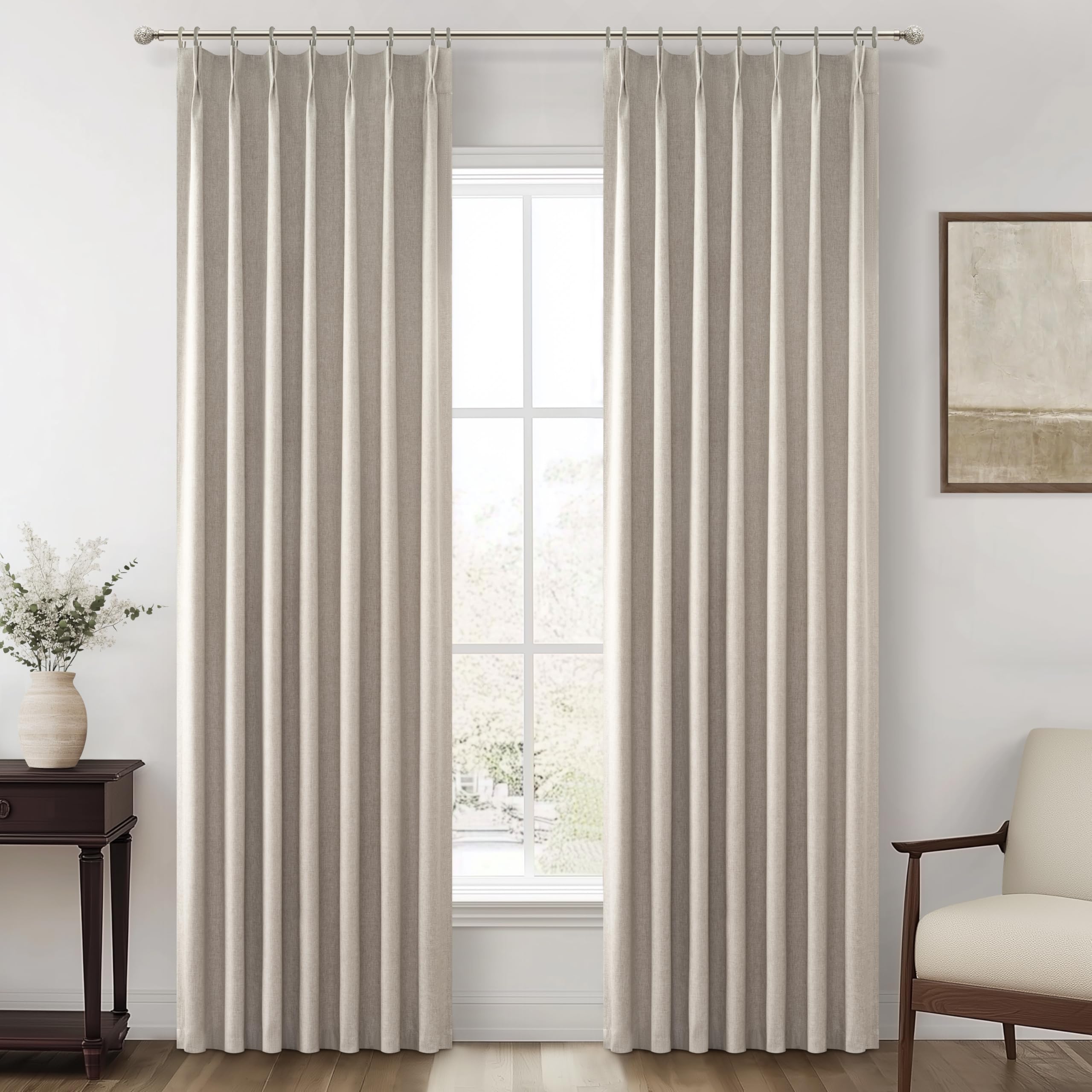 Viral Curtains with Pinch Pleat Clips & Hooks, Grey Taupe Faux Linen Blackout Curtain for Bedroom 90 Inches Long Heavy Drapes Th