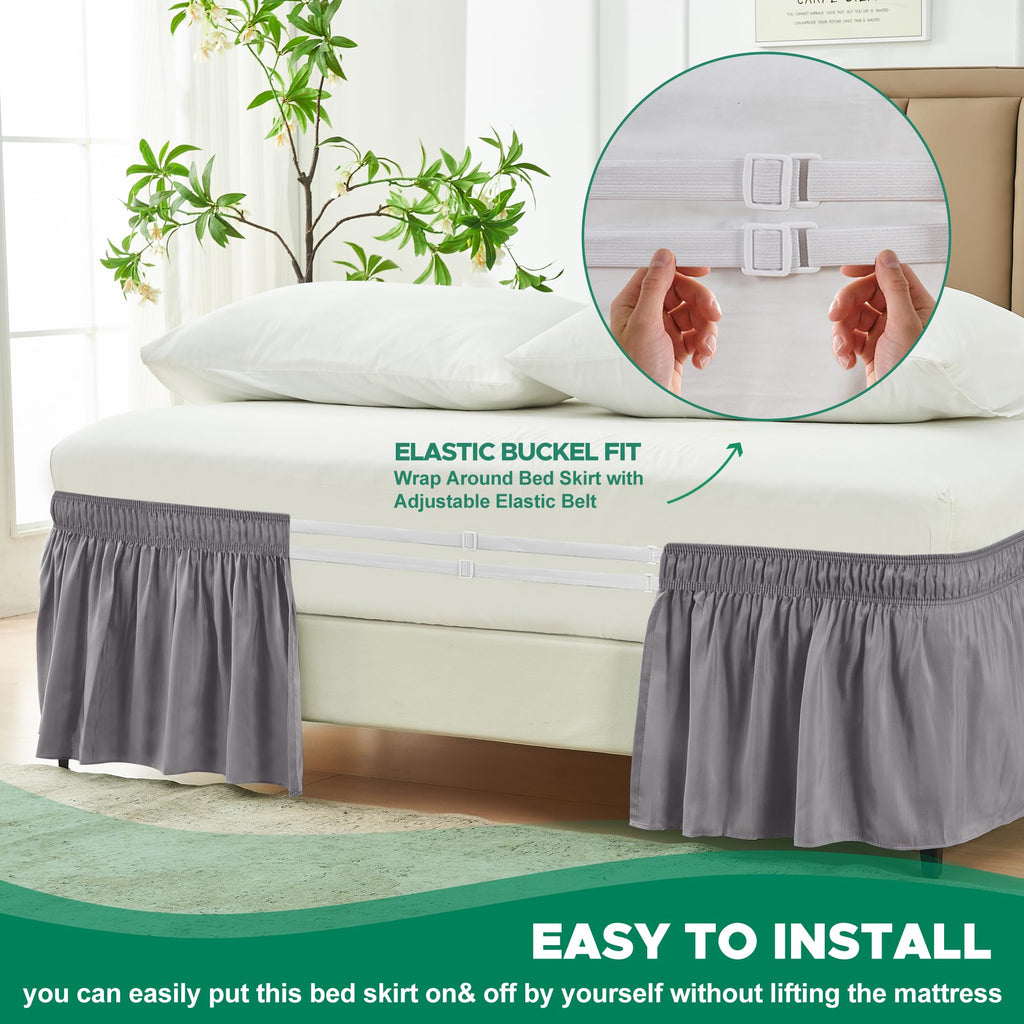 Biscaynebay Wrap Around Bed Skirts For King & Cal King Beds 16' Drop, Silver Grey Adjustable Elastic Dust Ruffles Easy Fit Wrinkle & Fade Resistant Silky Luxurious Fabric Solid Machine Washable