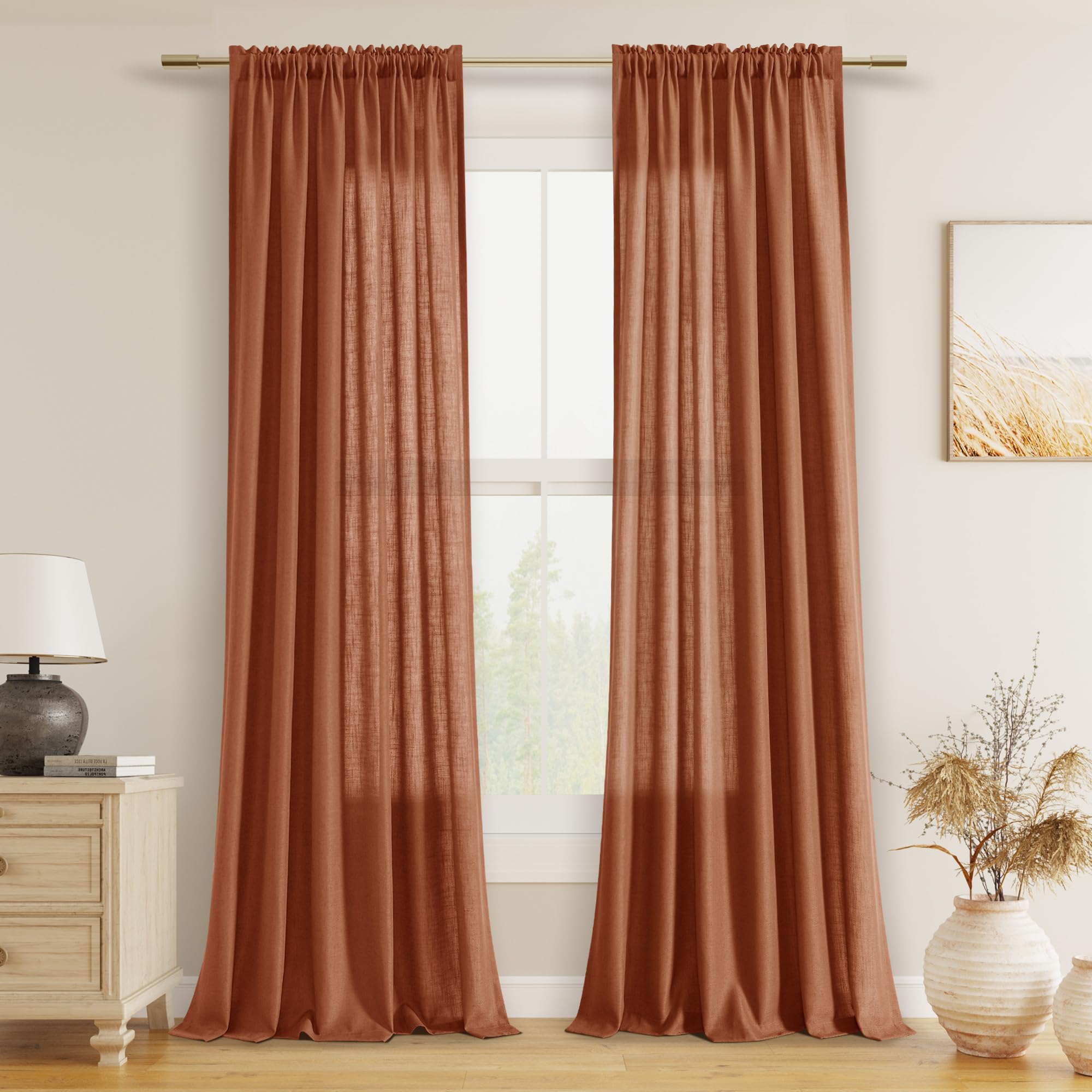 Guken Terracotta Linen Curtains 84 Inch Length For Living Room Bedroom 2 Panels Set Rod Pocket Light Filtering Semi Sheer Window