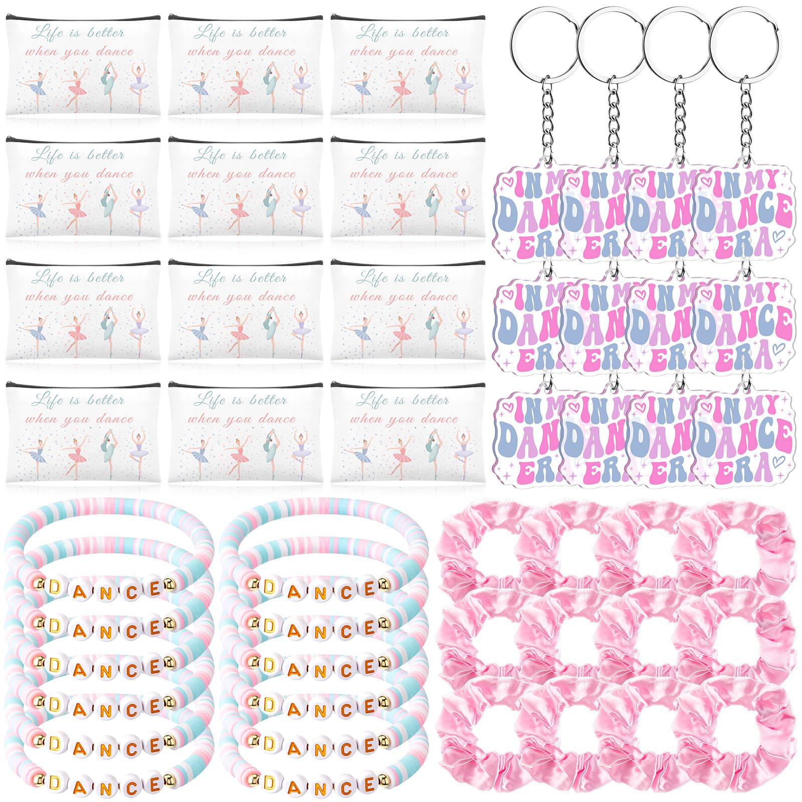 Shinylin 48 Pcs Ballet Dance Gift Bulk Include Dance Clay Bracelet Keychain Ballerina Makeup Bag Pink Hair Scrunchie for Women D