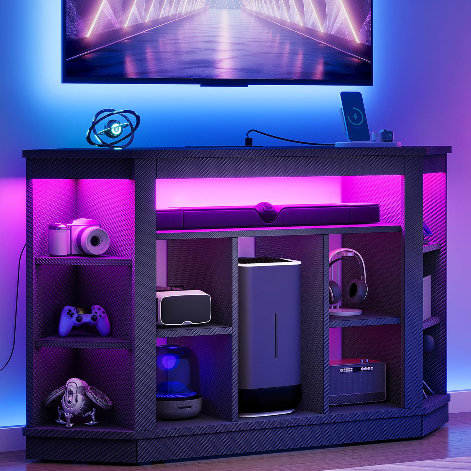 YITAHOME CornerTV Stand for 55 Inch TV, Modern Black TV Stand with Wheels for PS5, LED Gaming Entertainment Center with Power Ou