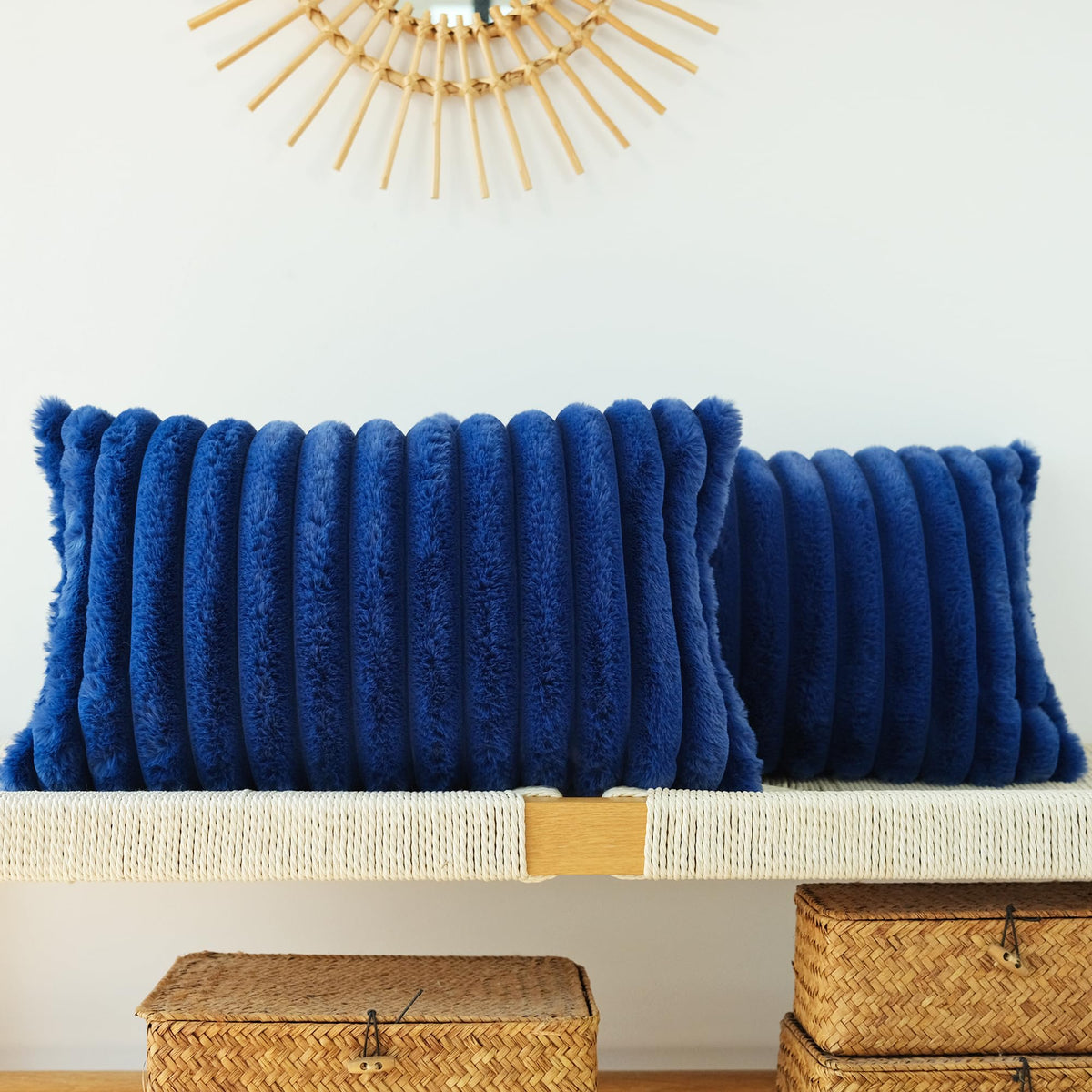 Jojusis Pack Of 2 Faux Fur Plush Decorative Throw Pillow Covers Couch Cushion Case Soft Pillowcases (Navy Blue, 22 X 22-Inch)