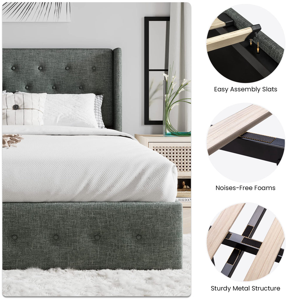 Sha Cerlin Queen Size Lift Up Storage Bed/Button Tufted Wingback Headboard/Hydraulic Storage/Upholstered Platform Bed Frame/No Box Spring Needed/Wood Slats Support/Dark Grey