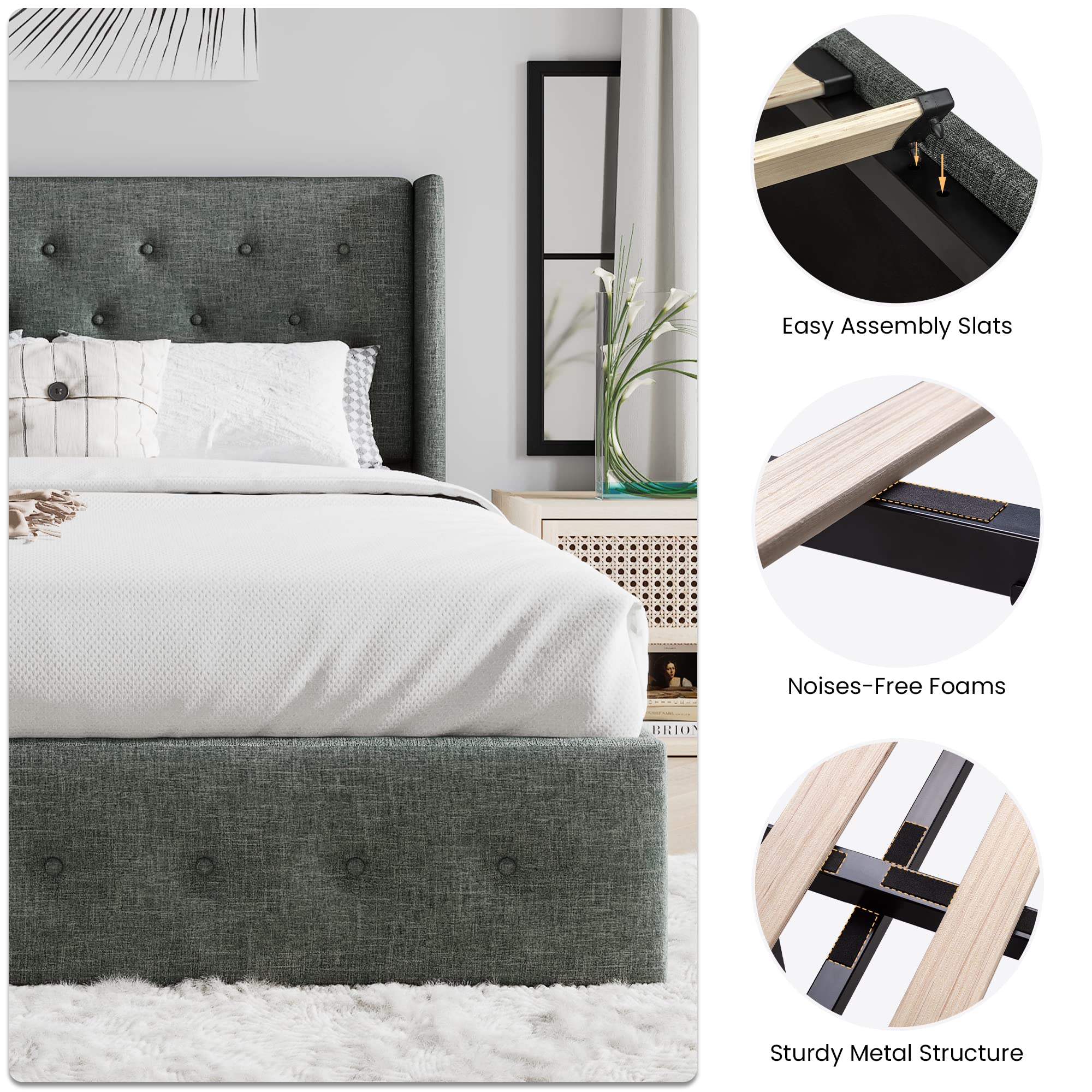 Sha Cerlin Queen Size Lift Up Storage Bed/Button Tufted Wingback Headboard/Hydraulic Storage/Upholstered Platform Bed Frame/No Box Spring Needed/Wood Slats Support/Dark Grey