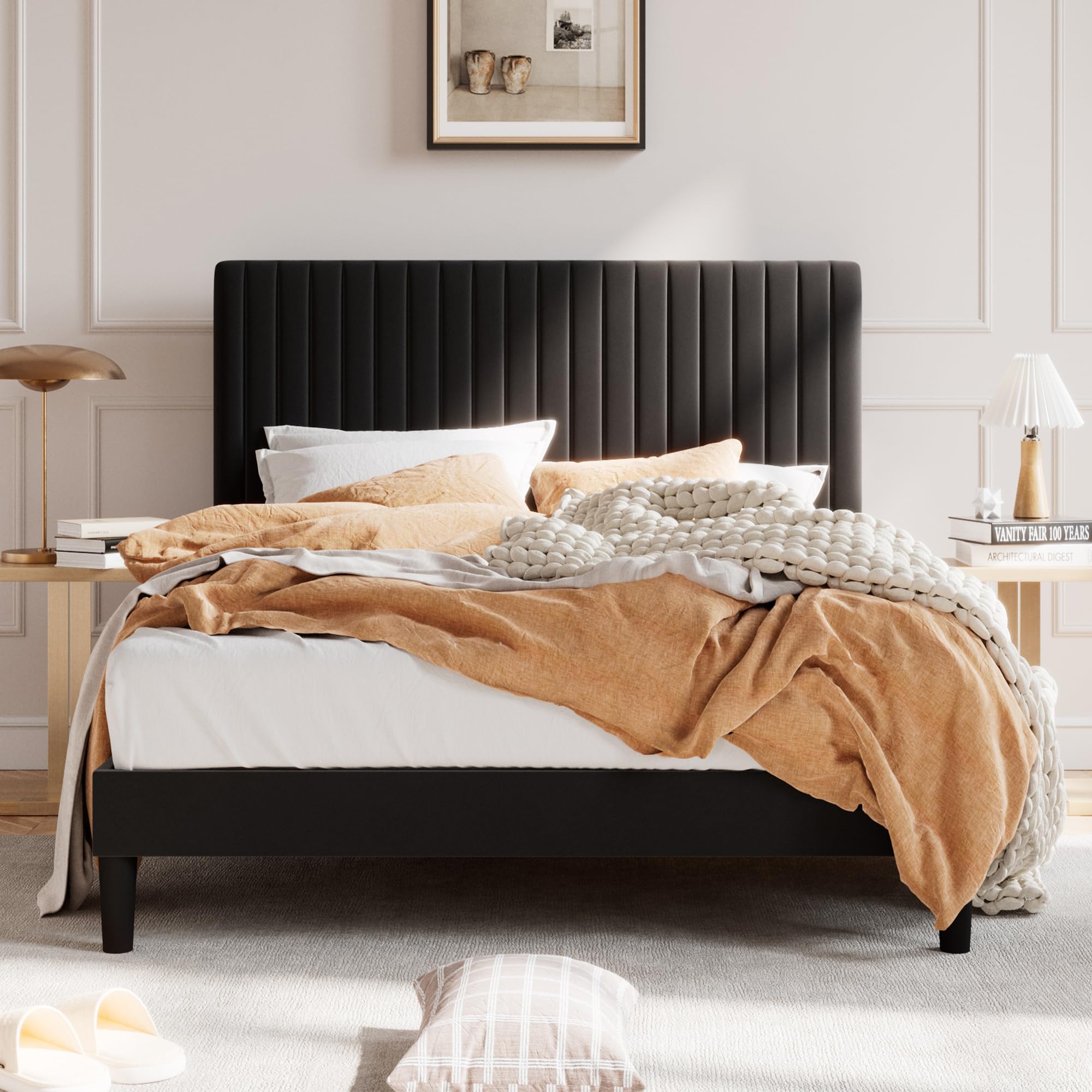 SHA CERLIN Queen Upholstered Platform Bed Frame with Adjustable Headboard/Vertical Channel Tufted Velvet Fabric/Wooden Slats Sup
