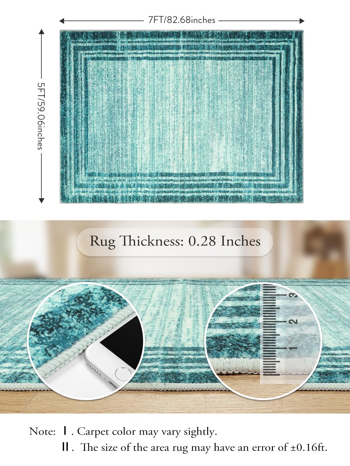 Lahome Abstract Teal 5X7 Rug For Bedroom,Washable Modern Living Room Area Rug Non-Slip,Low-Pile Soft Floor Carpet Minimalist Bor