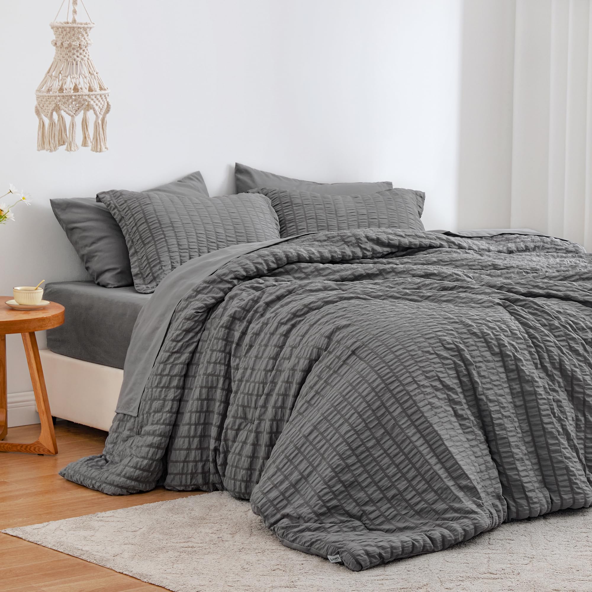 Love'S Cabin Seersucker Dark Grey Queen Comforter Set 7 Pieces, All Season Bedding Set, Queen Bed In A Bag Comforter Set With Comforter, Flat Sheet, Fitted Sheet, Pillowcase And Pillow Sham