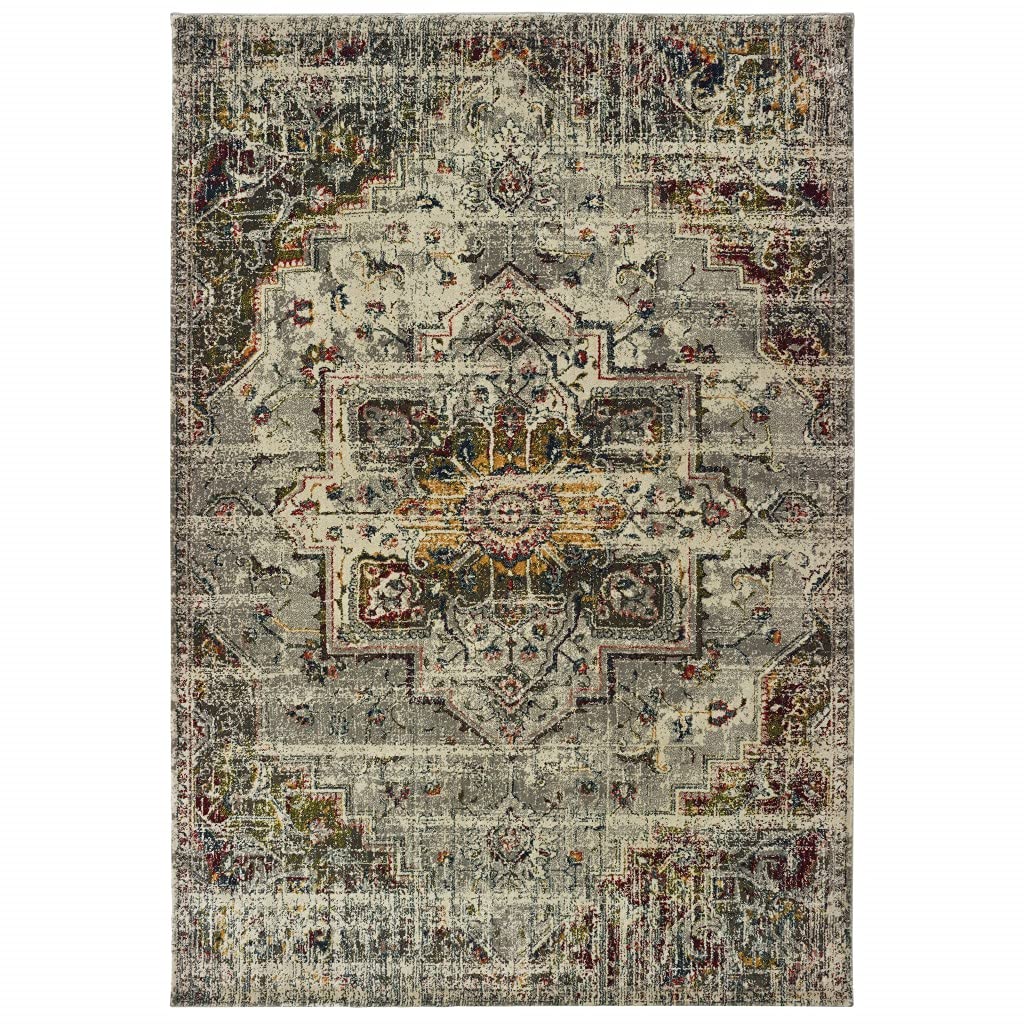 HomeRoots Grey Polypropylene, Polyester 5’x8’ Gray and Ivory Distressed Area Rug