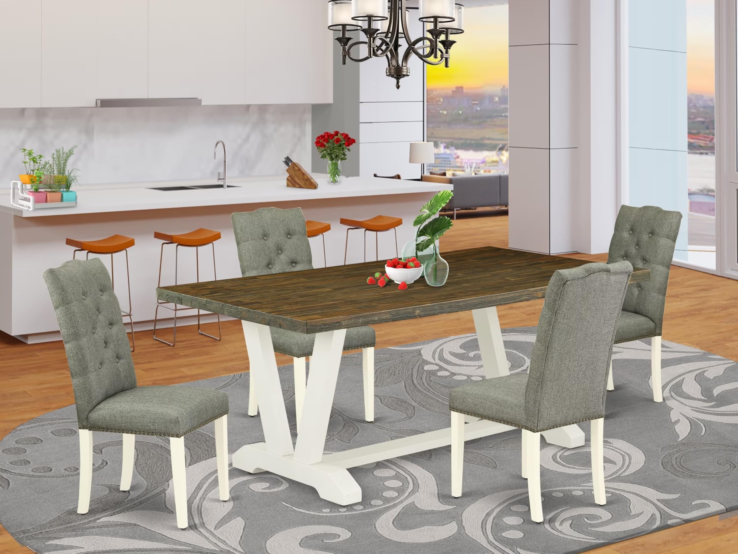 East West Furniture V077El207-5 5 Piece Dinette Set For 4 Includes A Rectangle Dining Room Table With V-Legs And 4 Gray Linen Fabric Upholstered Parson Chairs, 40X72 Inch, Multi-Color