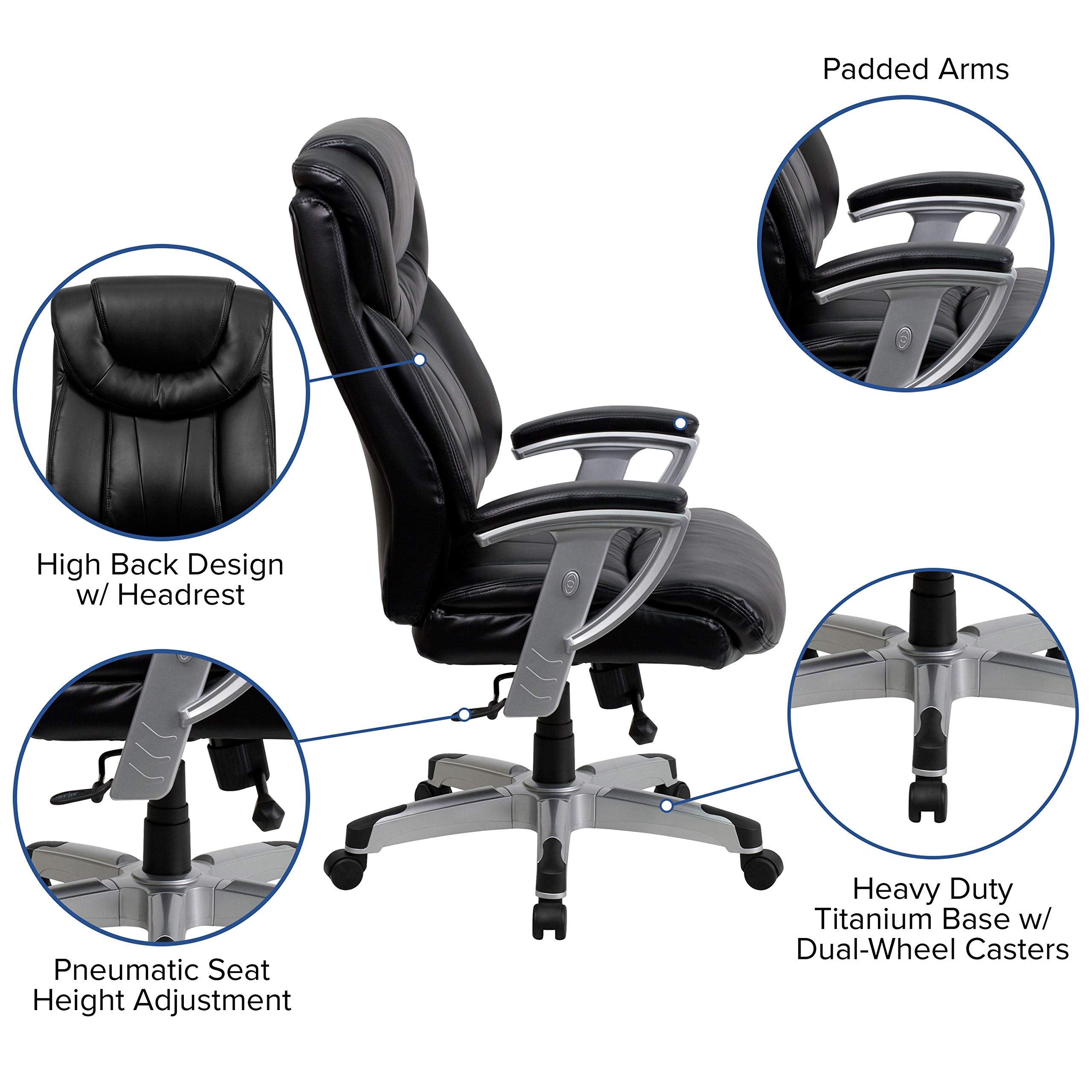 Flash Furniture HERCULES Series Big & Tall 400 lb. Rated Black LeatherSoft Executive Ergonomic Office Chair with Silver Adjustable Arms