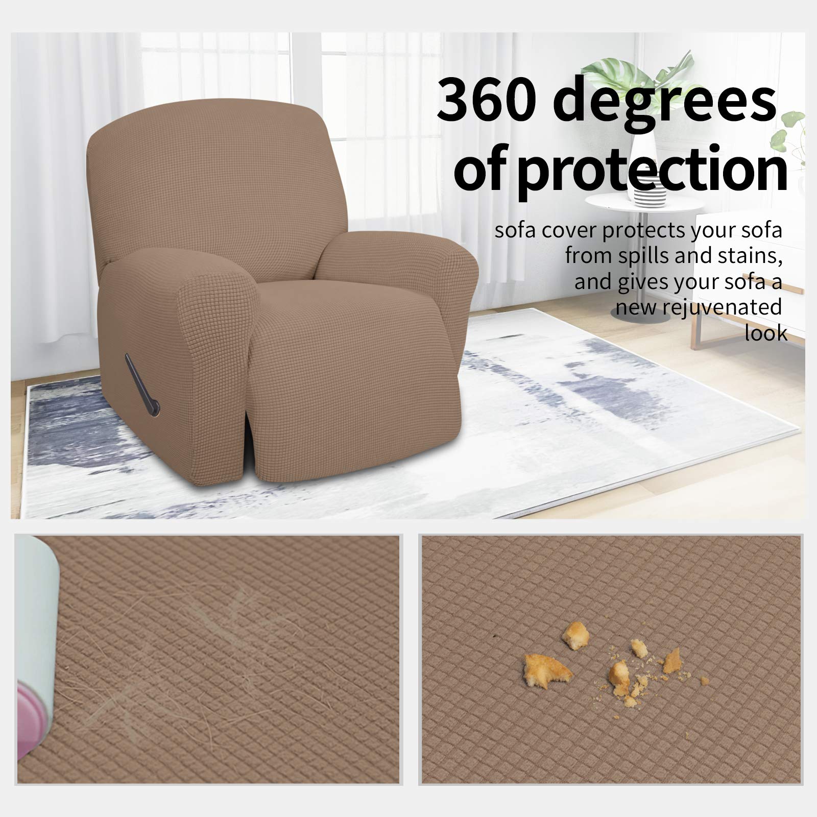 Easy-Going 4 Pieces Oversized Recliner Stretch Sofa Slipcover Sofa Cover Furniture Protector Couch Soft With Elastic Bottom Polyester Spandex Jacquard Fabric Small Checks Camel