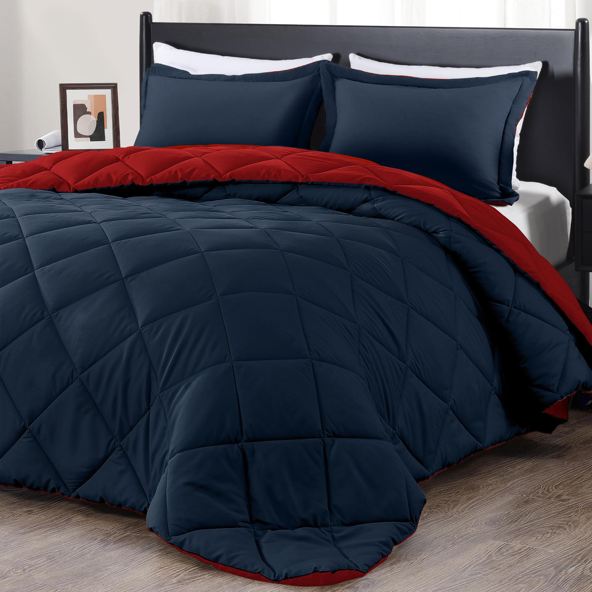 Downluxe Queen Comforter Set - Red And Navy Queen Comforter, Soft Bedding Sets For All Seasons -3 Pieces - 1 Comforter (88'X92'