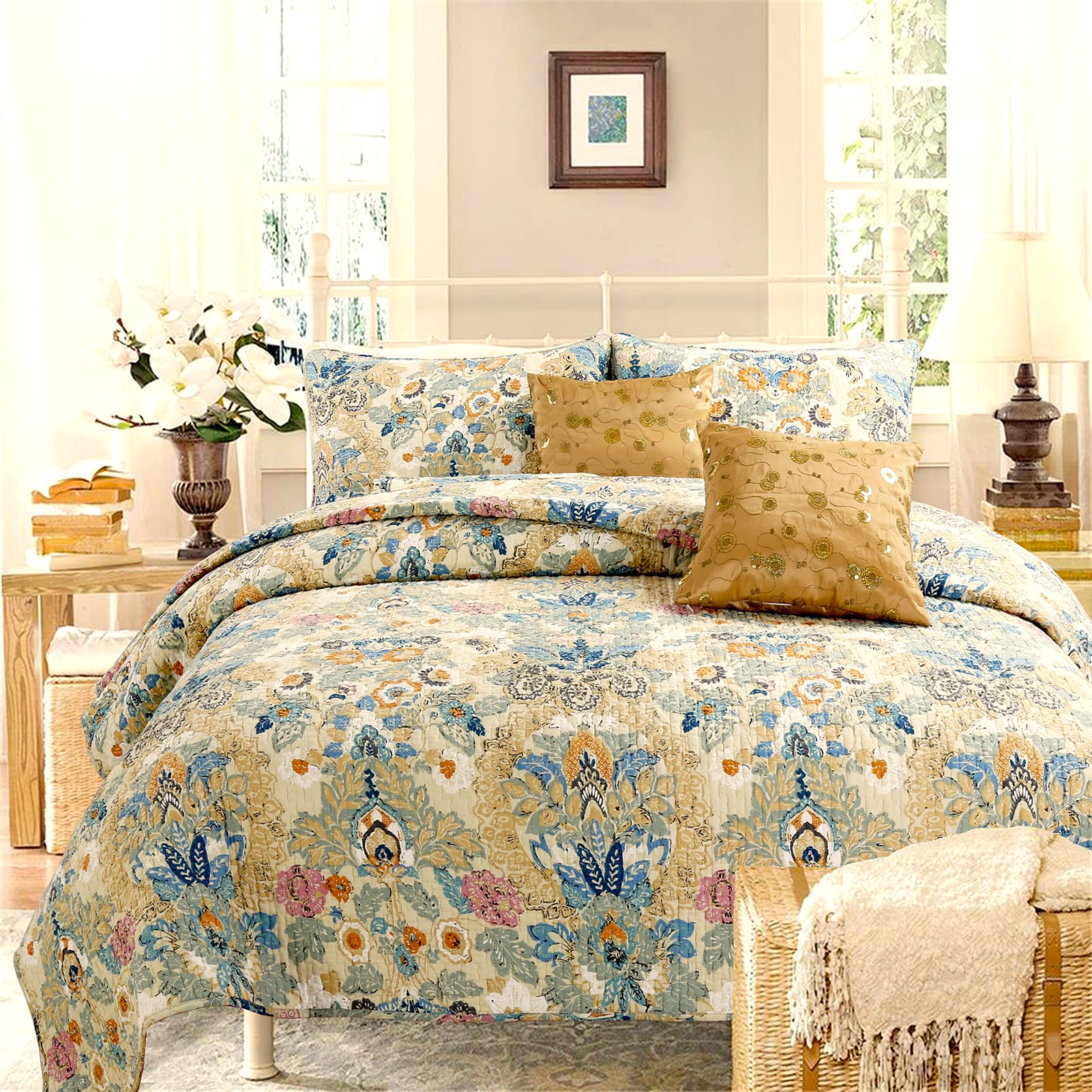 Cozy Line Home Fashions Vintage Luxury Classic 3-Piece Beige Yellow Beige Blue Floral Garden Cotton Reversible Queen Quilt Beddi