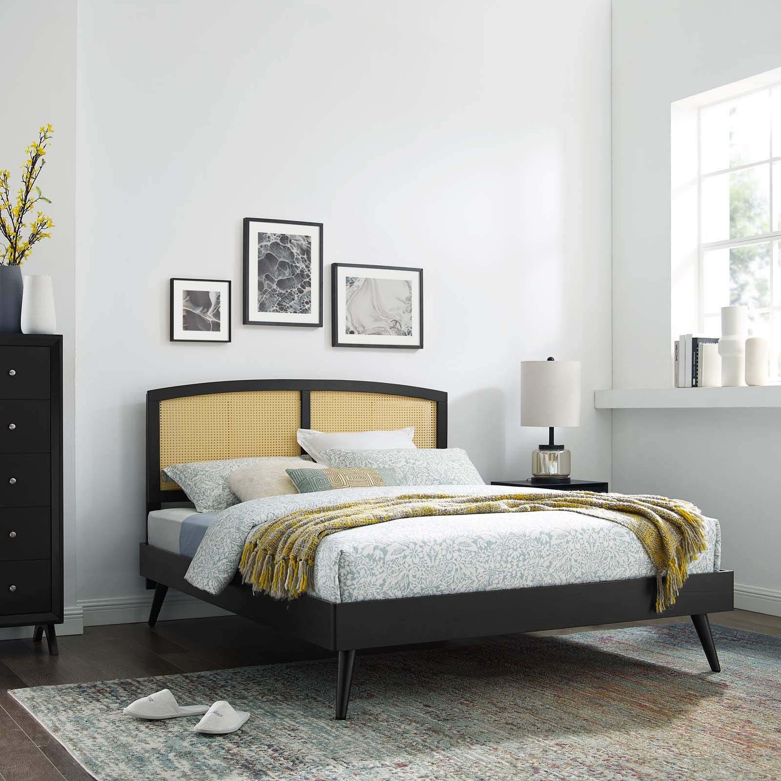 Modway Sierra Cane And Wood King Platform Bed With Splayed Legs In Black