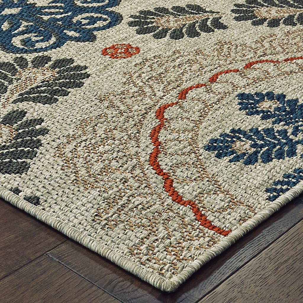 HomeRoots 7' x 9' Blue and Gray Damask Indoor Outdoor Area Rug