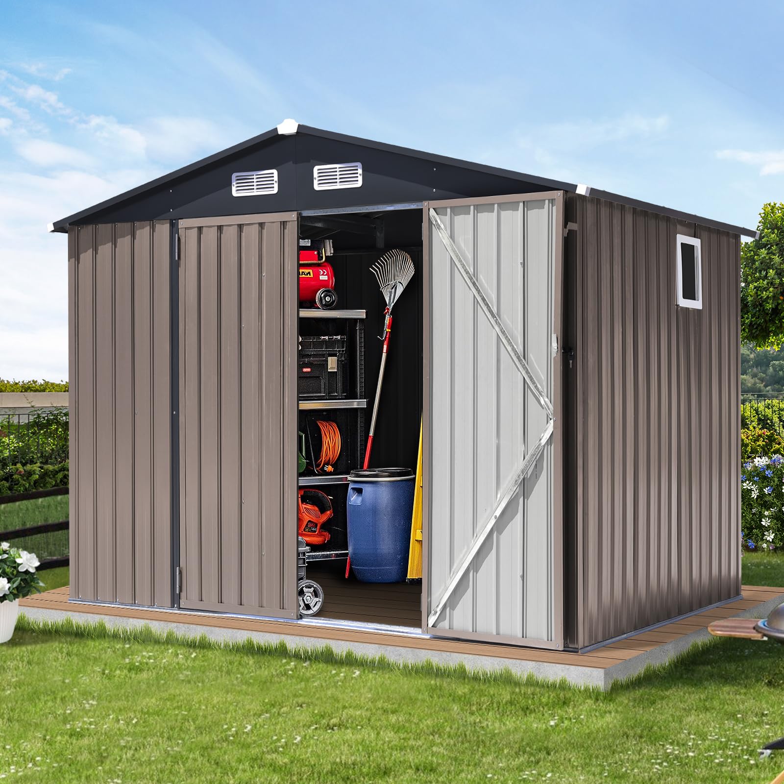 Verano Garden 8'X6' Outdoor Storage Shed, Galvanized Metal Steel Garden Shed With Upgrade Window, Double Door W/Lock, Bike Stora