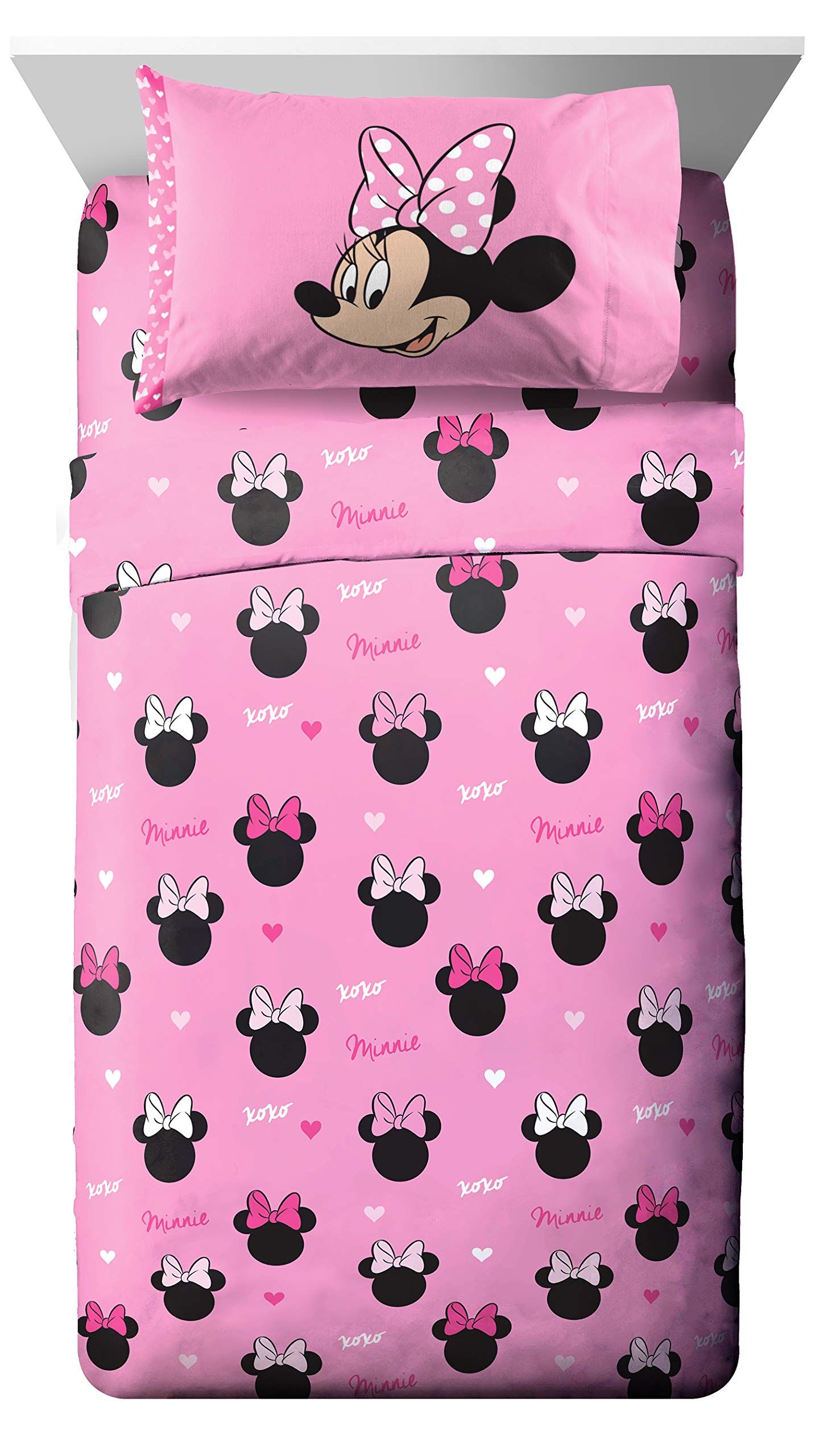 Jay Franco Disney Minnie Mouse Hearts N Love Twin Sheet Set - 3 Piece Set Super Soft And Cozy Kids Bedding - Fade Resistant Micr