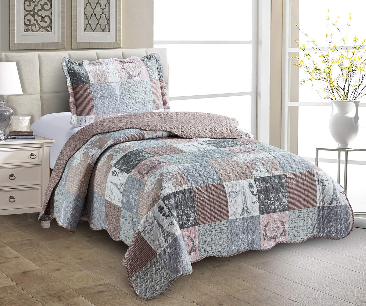 Brilliant Sunshine Latte Grey Paris And Toile Floral Patchwork, 2-Piece Quilt Set With 1 Sham, Reversible Bedspread, Soft Lightw