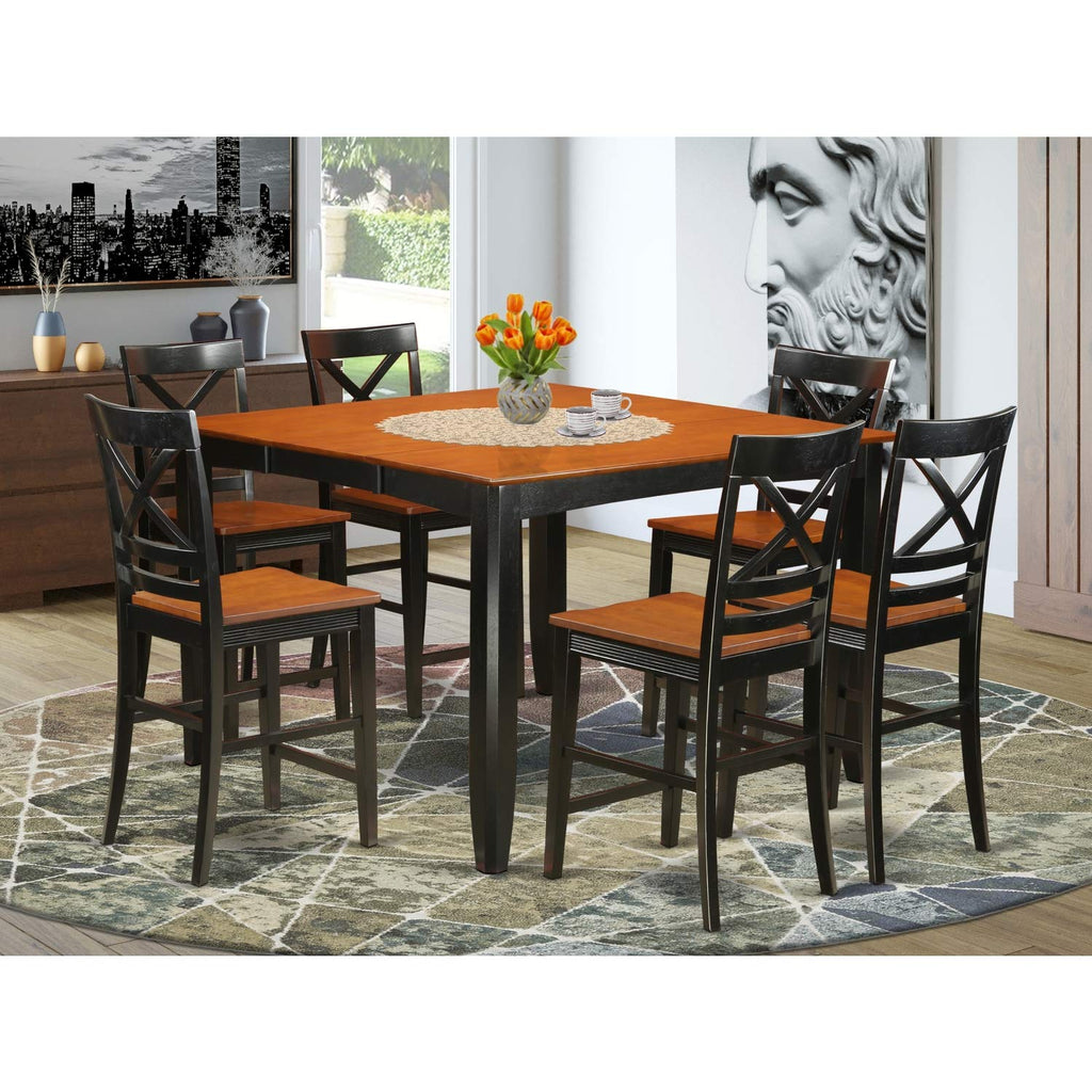 East West Furniture FAQU7H-BLK-W 7 Piece Kitchen Counter Set Consist of a Square Dining Room Table with Pedestal and 6 Dining Chairs, 54x54 Inch, Black & Cherry