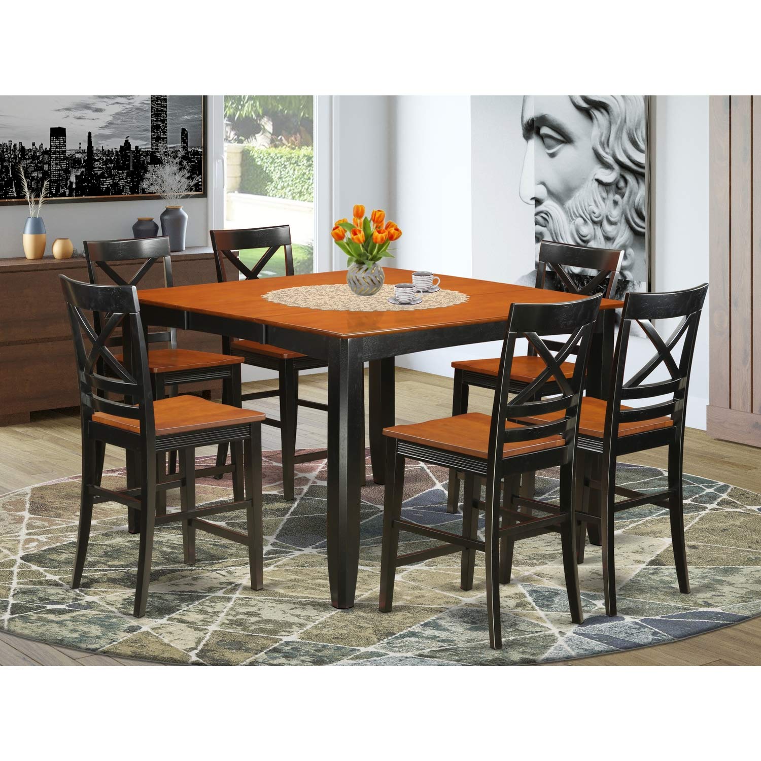 East West Furniture FAQU7H-BLK-W 7 Piece Kitchen Counter Set Consist of a Square Dining Room Table with Pedestal and 6 Dining Chairs, 54x54 Inch, Black & Cherry