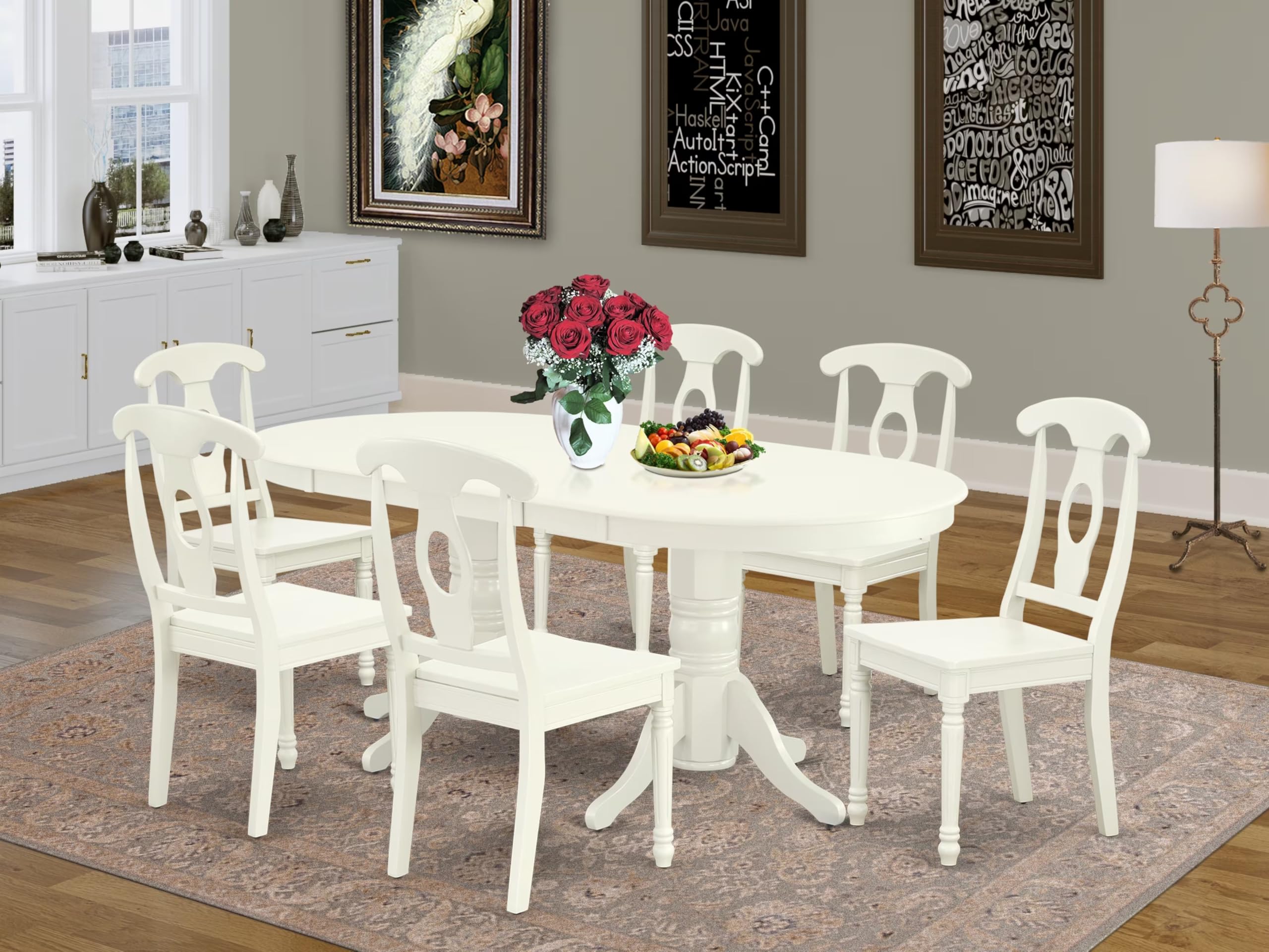 East West Furniture Vake7-Lwh-W 7 Piece Dining Set Consist Of An Oval Dining Table With Butterfly Leaf And 6 Kitchen Chairs, 40X76 Inch, Linen White