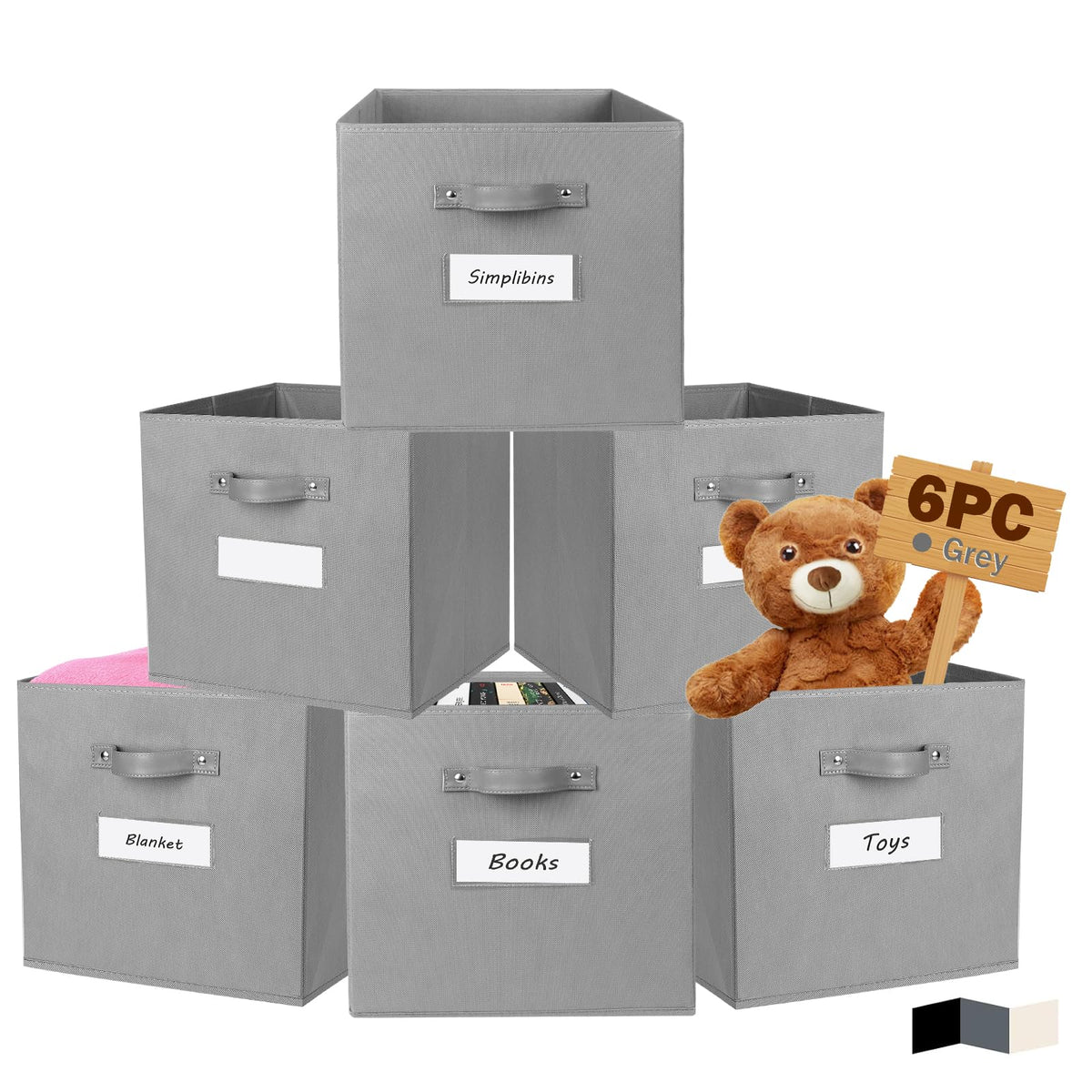 SimpliBins Foldable Cube Storage Organizer 6 Pack, 13 x 15 x 13 inch Fabric Cube Storage Bins with PU Handles, Collapsible Stora