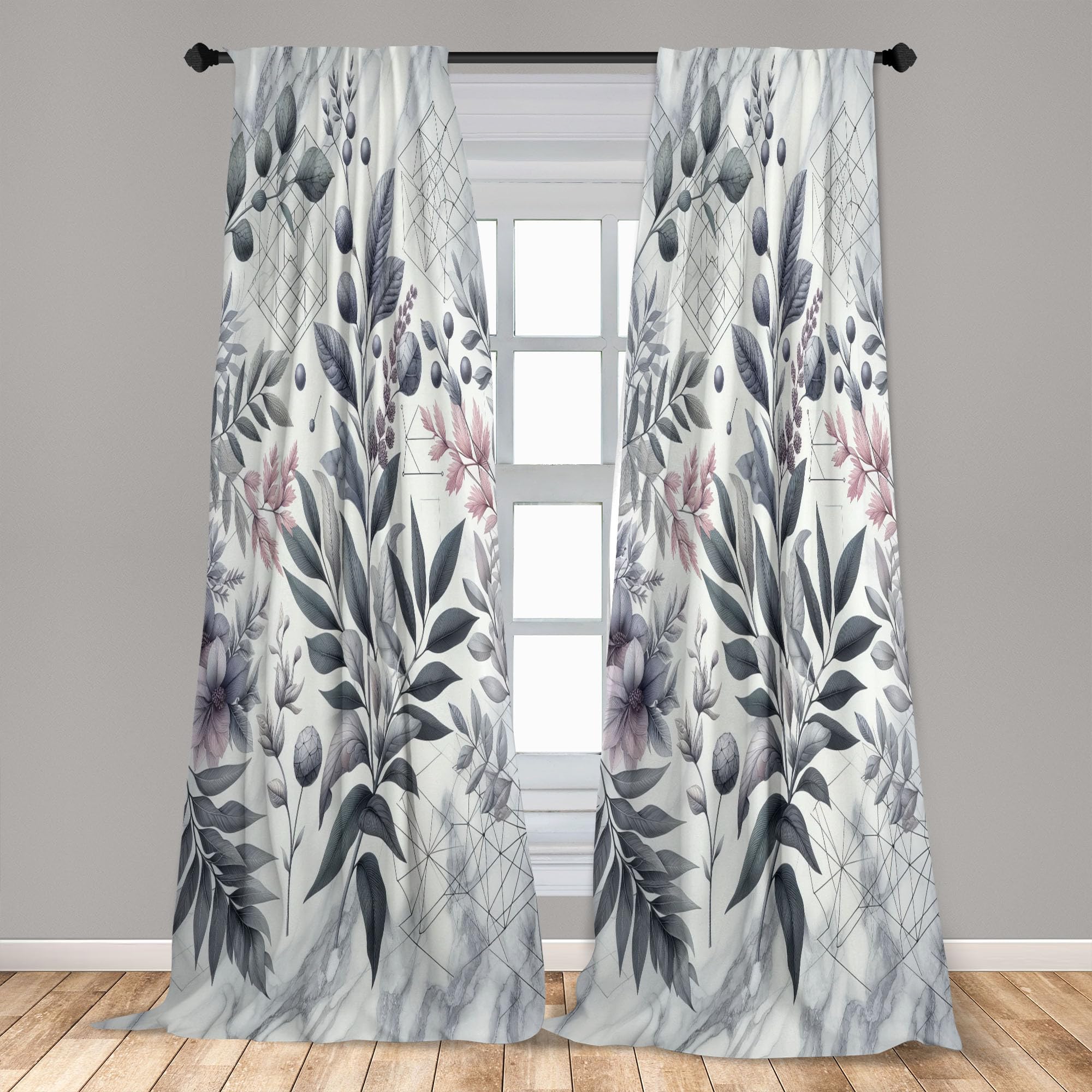 Ambesonne Leafy Art Window Curtains Pack Of 2, Muted Forest Leaves And Gentle Flowers With Geometric Cube Details, Lightweight S