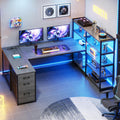 SEDETA Corner Computer Desk, Reversible U Shaped Office Desk with 3 Fabric Drawers and Power Outlet, Corner Gaming Desk with LED