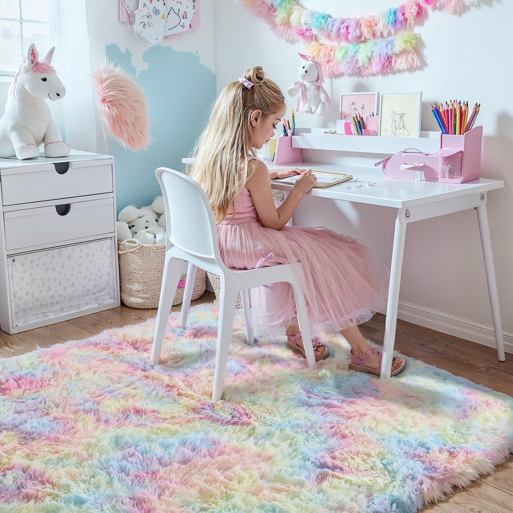 Kchowua 3X5 Unicorn Thick Fluffy Fuzzy Rugs For Girls Bedroom,Machine Washable Non Slip Pastel Shag Shaggy Rug For Living Room,T