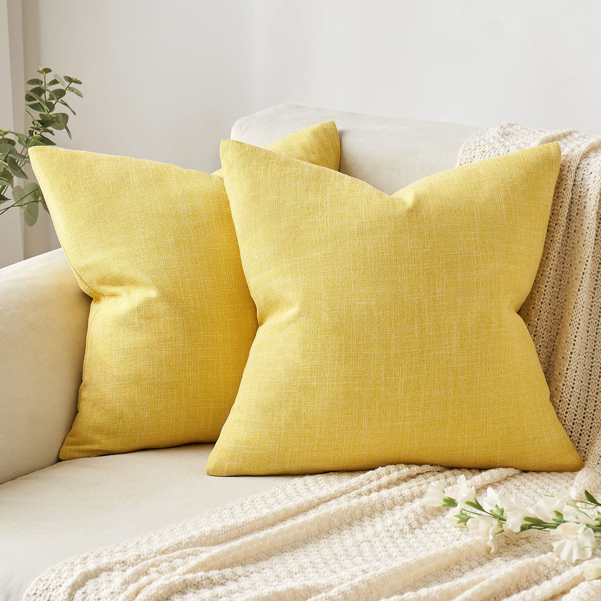 Miulee Pack Of 2 Decorative Linen Burlap Pillow Cover Square Solid Throw Cushion Case For Sofa Car Couch 18X18 Inch Yellow