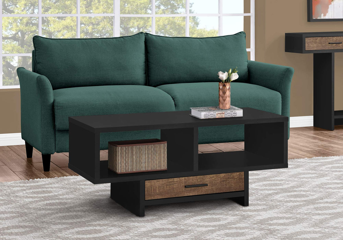 Monarch Specialties Drawer & Shelves Rectangular Cocktail Accent Coffee Table, 43' L, Black/Brown Reclaimed Wood Look