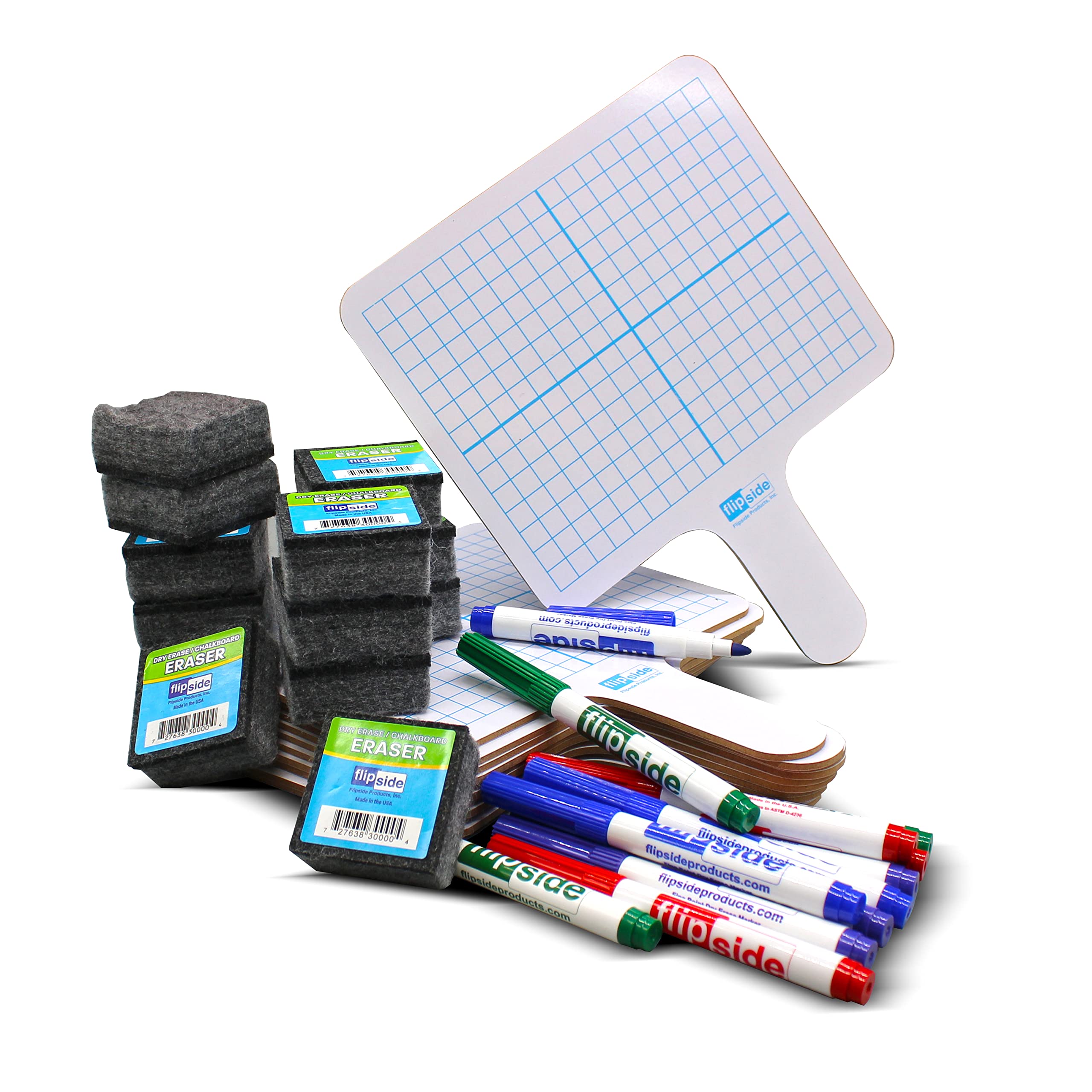 Rectangular Graph Double Sided Dry Erase Answer Paddle + Colored Markers + Erasers - Class Pack  12