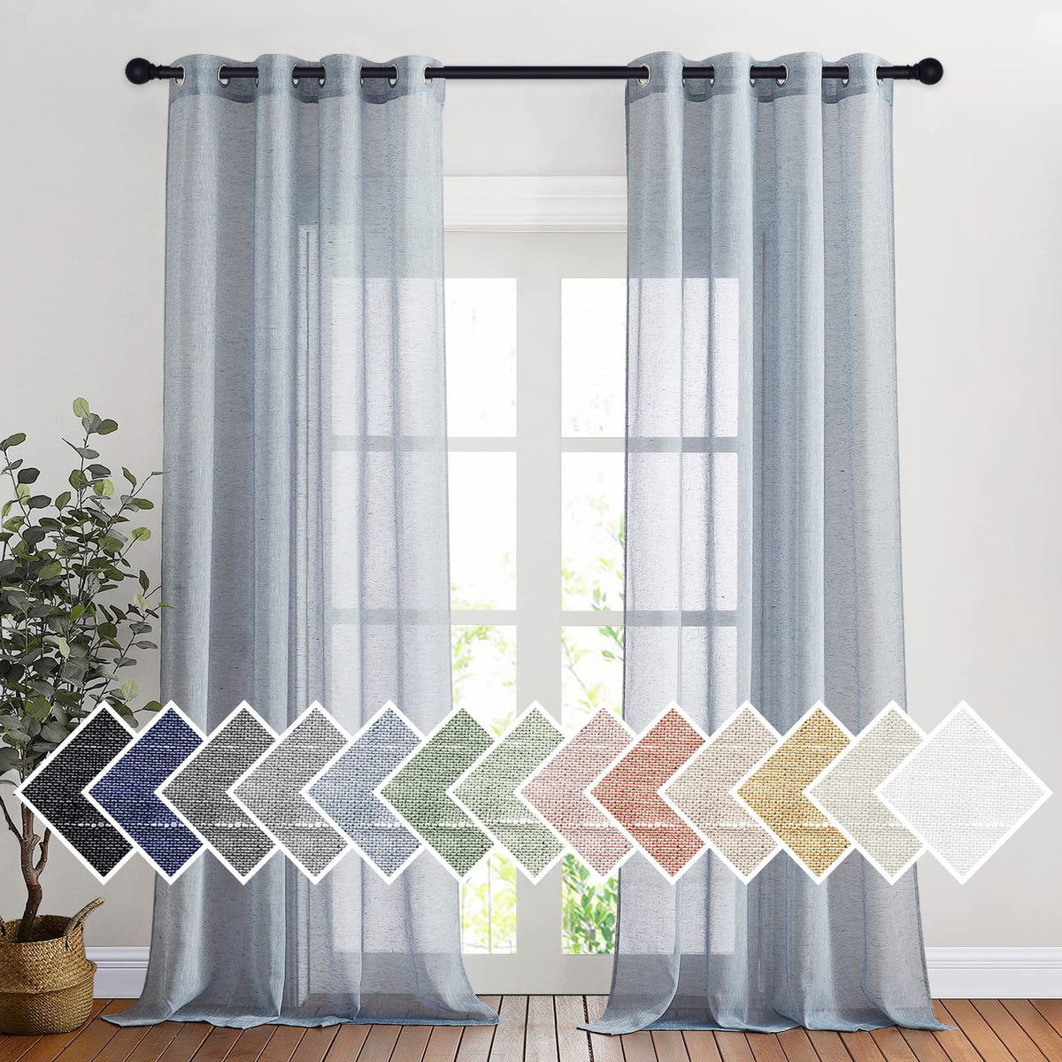 Nicetown Sheer Curtains Flax Texture For Bedroom, Retro Grommet Top Linen Textured Semitransparent Privacy Window Treatment Ligh