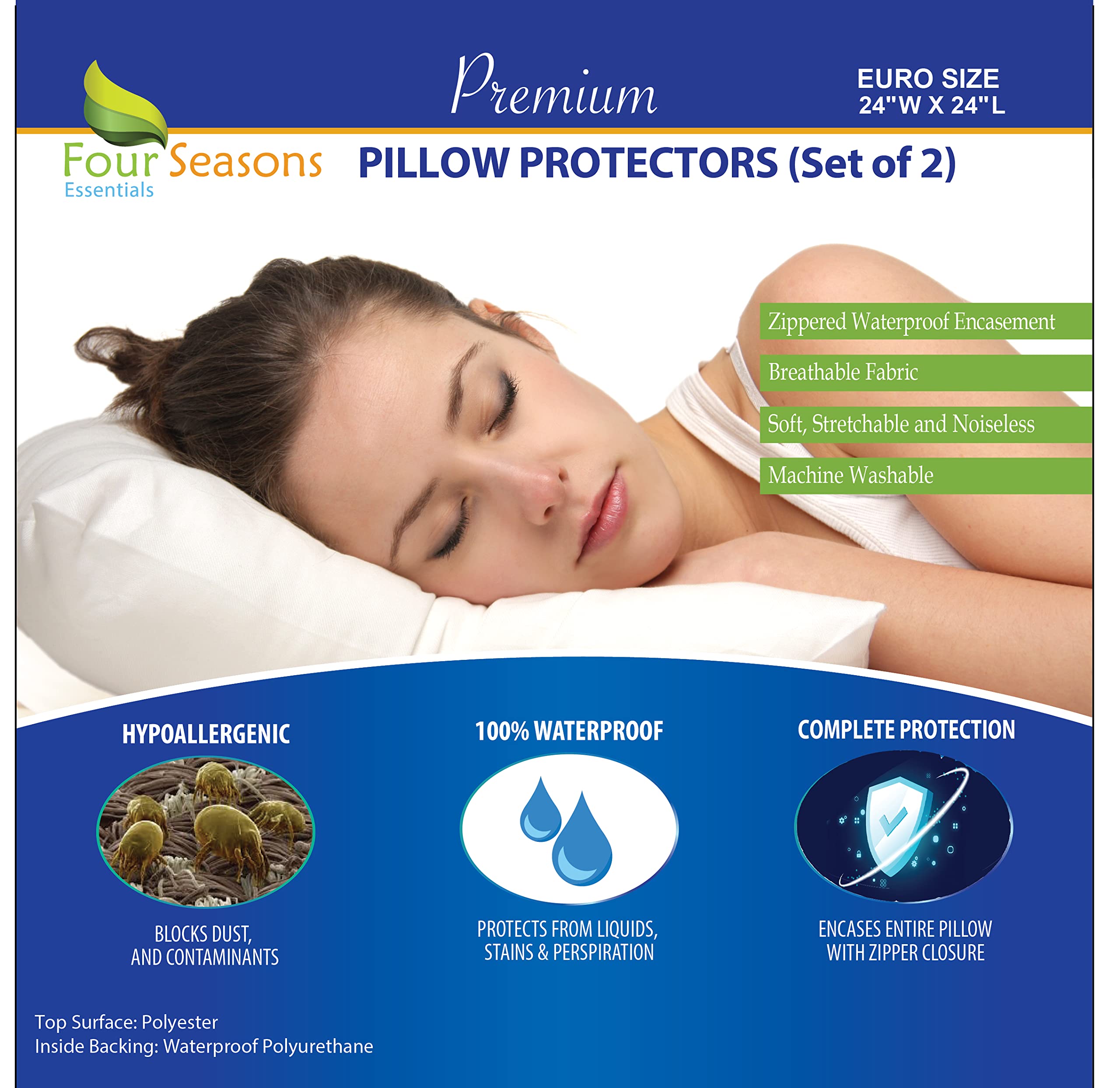 Euro Size Pillow Protectors (Set Of 2) - European Square 24X24 Pillow Covers Waterproof Hypoallergenic Dust Proof Zippered Encas