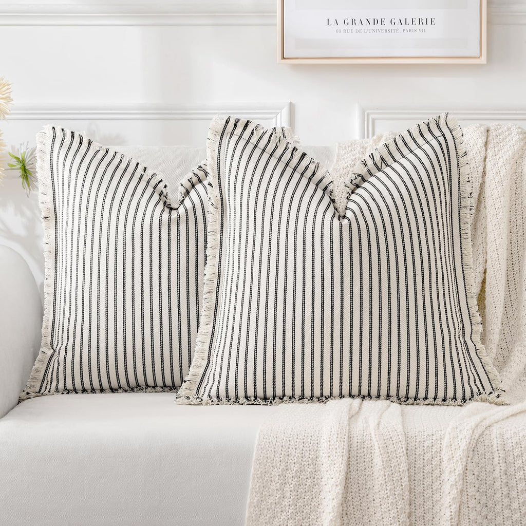 Miulee Pack Of 2 Black Pillow Covers 18X18 Inch Striped Farmhouse Couch Throw Pillow Covers With Fringe Chic Linen Decorative Cushion Covers For Sofa Living Room Bed Home Decor
