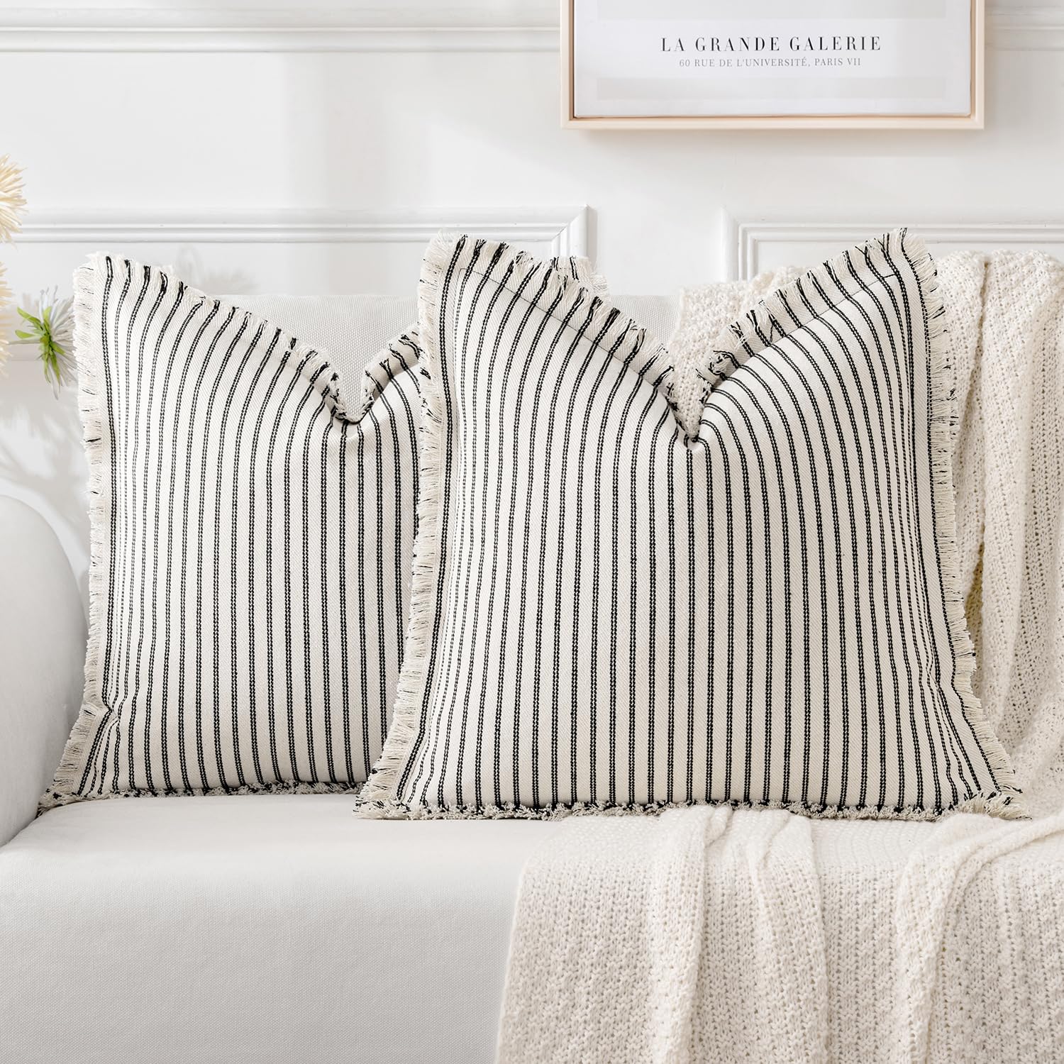 Miulee Pack Of 2 Black Pillow Covers 18X18 Inch Striped Farmhouse Couch Throw Pillow Covers With Fringe Chic Linen Decorative Cushion Covers For Sofa Living Room Bed Home Decor