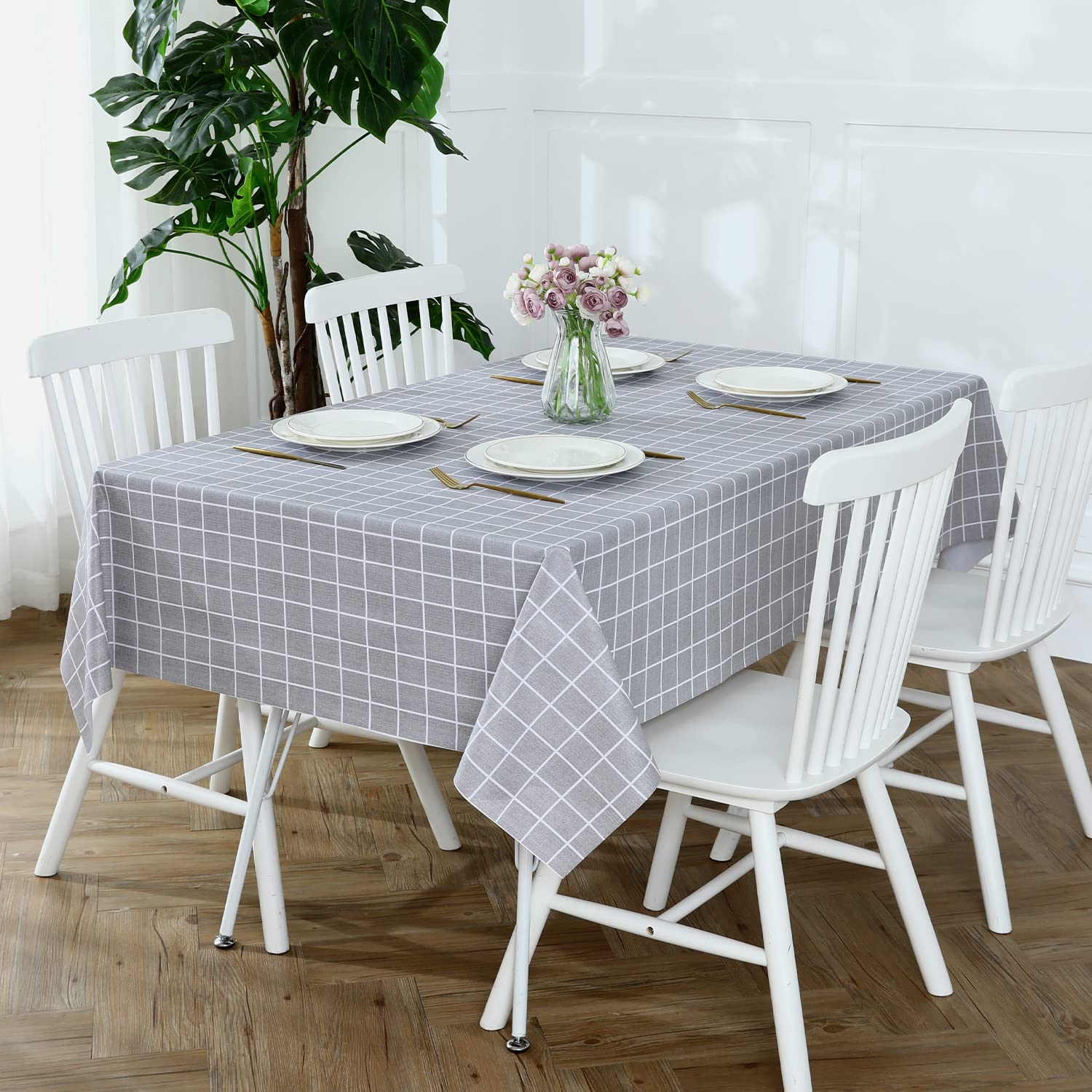 Romanstile Rectangle Plastic Tablecloth, 100% Waterproof Oil-Proof Checkered Pvc Table Cloths, Heavy Duty Vinyl Table Covers For Dining, Camping, Picnic, Outdoor - 54 X 78 Inch, Grey