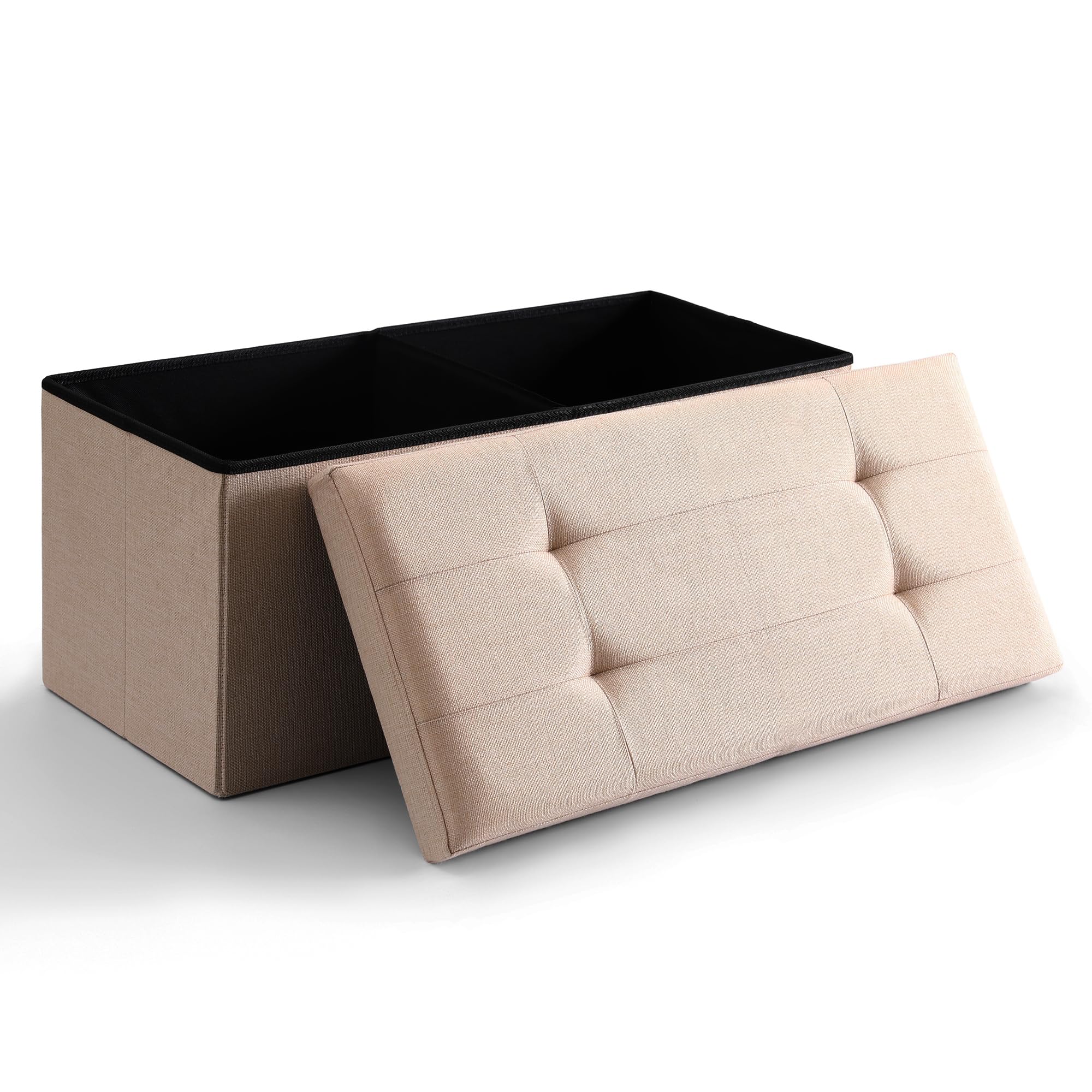 Cuyoca Storage Ottoman Bench Foldable Seat Footrest Shoe Bench End Of Bed Storage With Flipping Lid, 75L Storage Space, 30 Inches Linen Fabric Sandy Beige