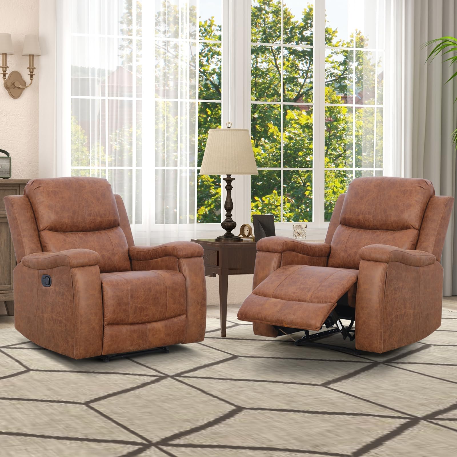 Canmov Leather Recliner Chair Set Of 2, Classic And Traditional Manual Recliner Chair With Overstuffed Arms And Back, Manual Sin